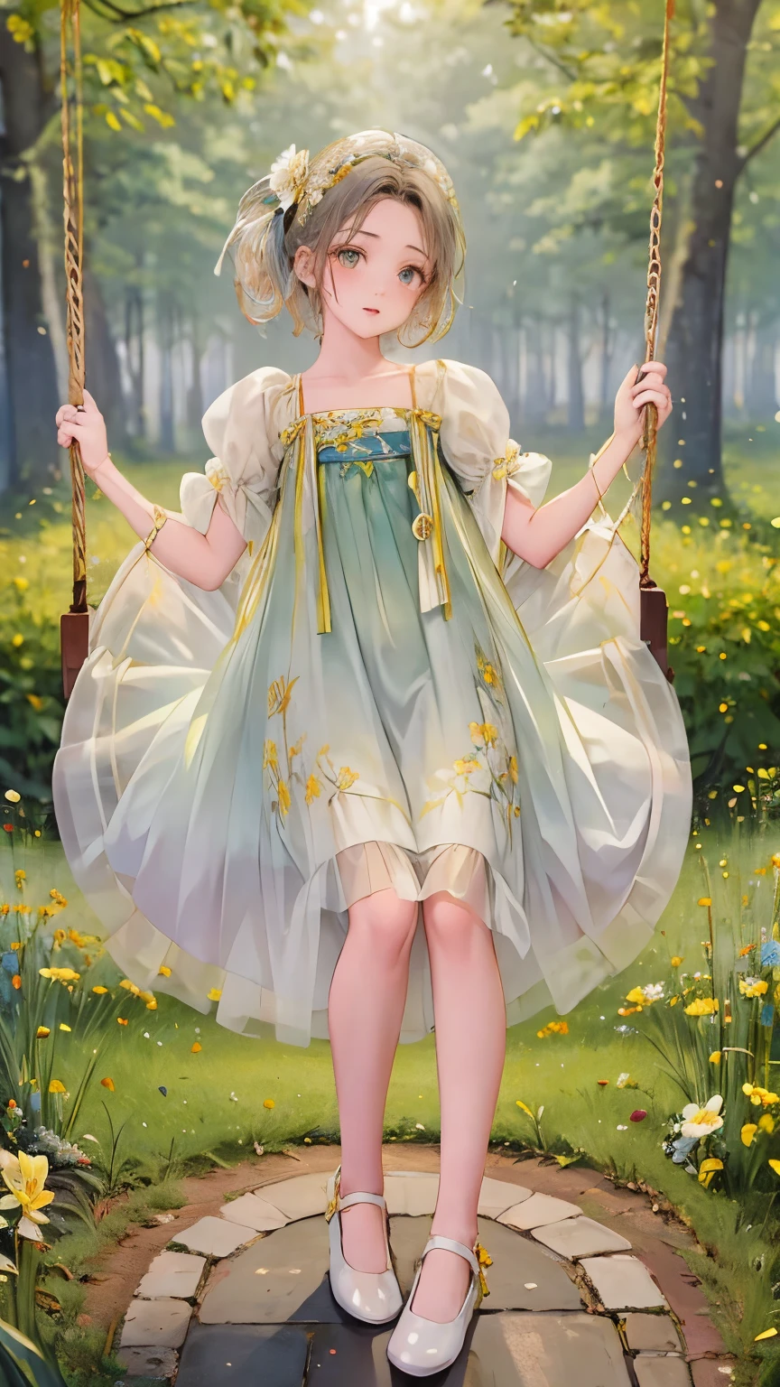 Full body picture of a beautiful 25 year-old girl playing on a swing hanging in a lonely forest tree, wearing flowery short yellow colour swirly frock, attractive feminine form, beautiful thighs, morning light, Disney Pixar