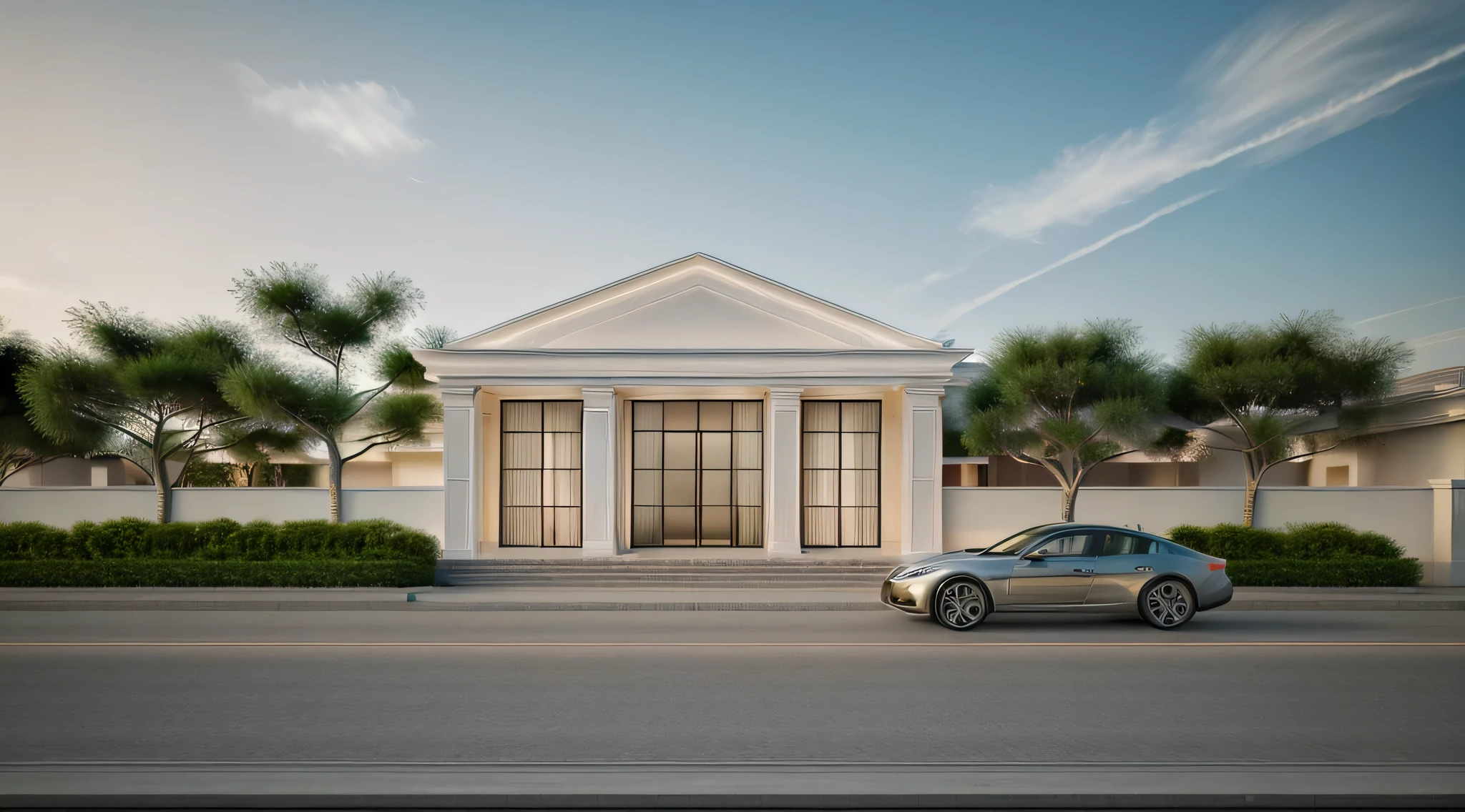 ((Realistic image, extremely detailed, daylight, warm light indoor)), a modern house, the main materials of the house are white walls and , light from inside :1.2, dynamic light, shimmering light, cinematic light, )), 1 road in front of the house, large yard made of ceramic, a few pretty small flower clusters, NEOCLASSIC EXTERIOR design:1.4, beautiful sky clear blue sky: 1.3, dawn light, romantic feeling, feeling really comfortable