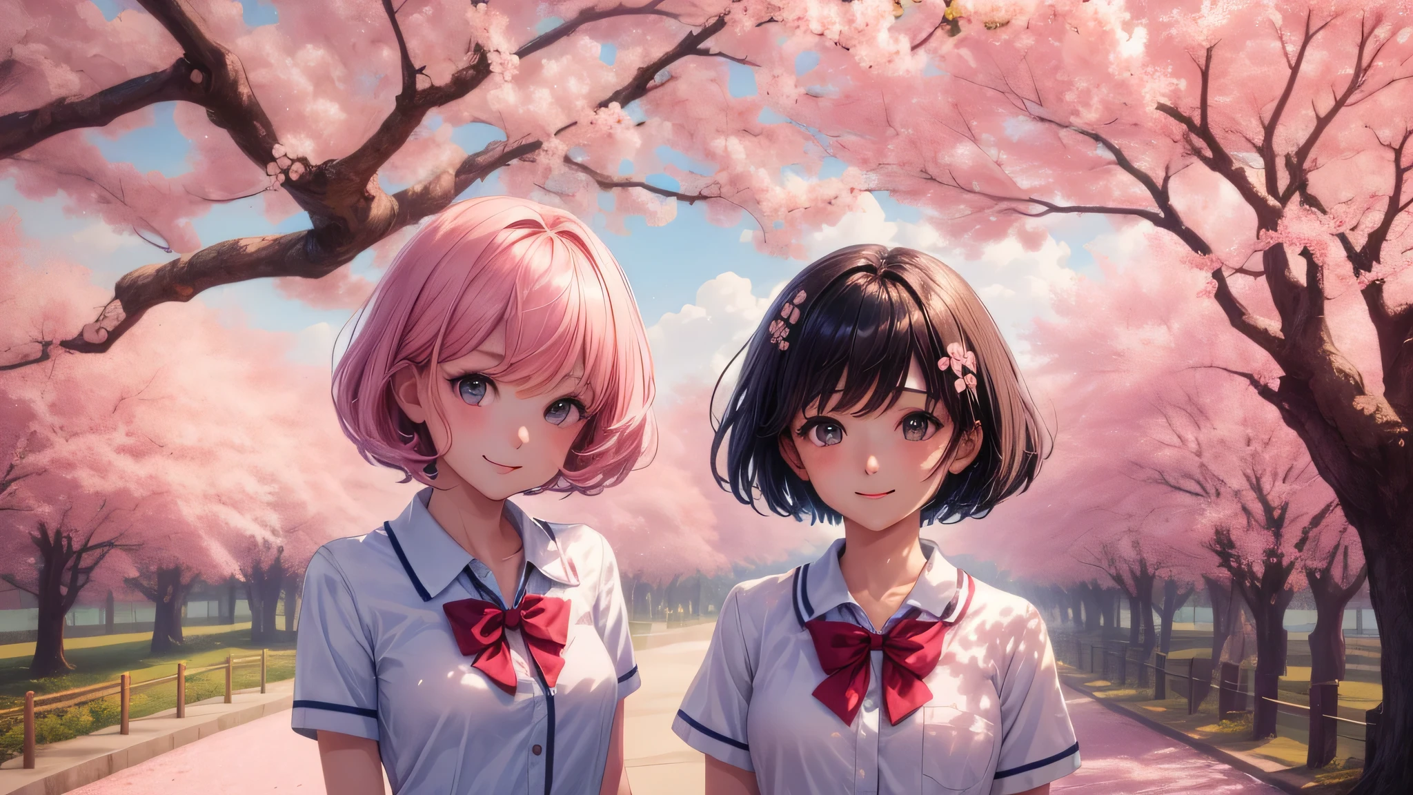 (2 girls:1.2), cute face, shining smile, (short hair:1.2), (school uniform, mini skirt:1.2), (highest quality: 1.4), (Super detailed), (highest quality:1.4), (super detailed), (cherry blossomsのトンネル in full bloom, cherry blossomsのトンネル), road, Day光, cherry blossoms, cherry blossoms, Sunny, cloud, Day, blue sky, (anime illustration), very high resolution, (Upper body), close up face