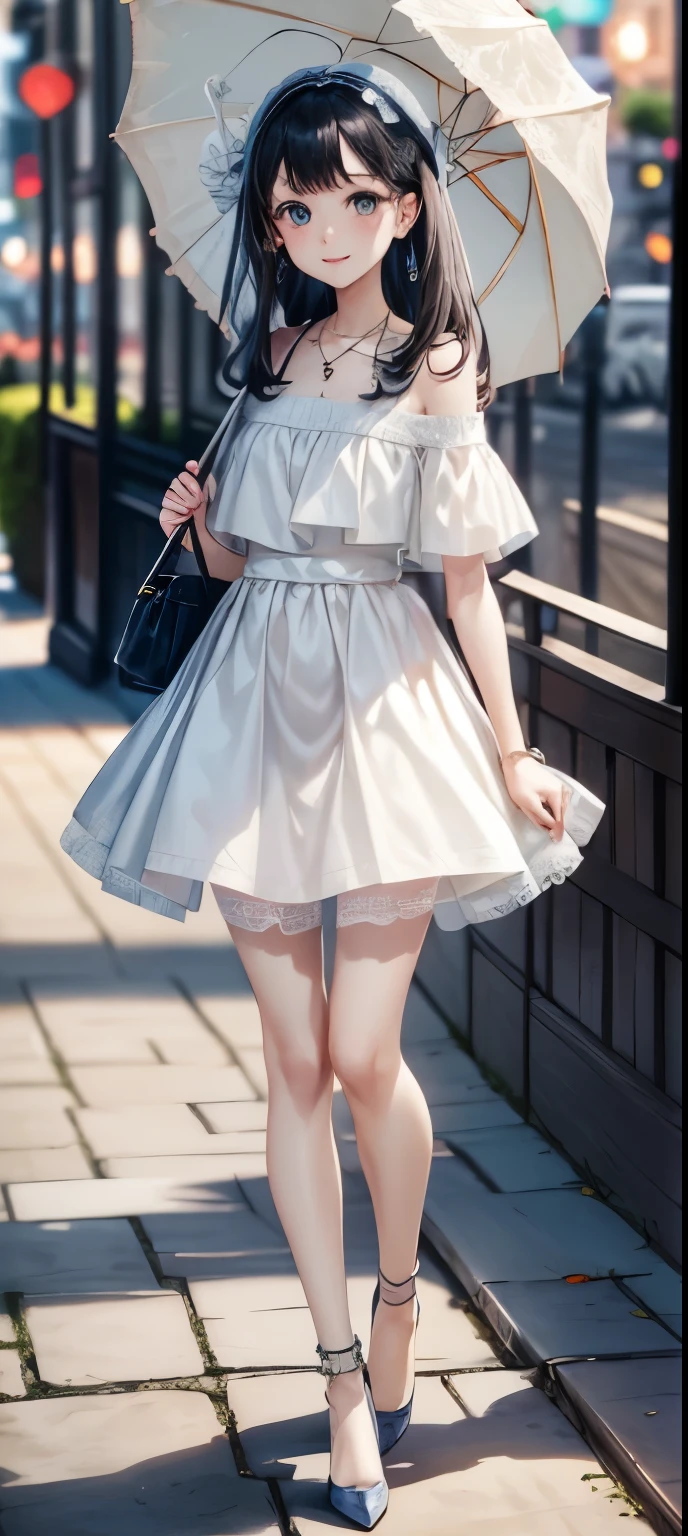 masterpiece、((focus on the face))、(full body shot、Full body photo including face)、((Symmetrical facial features))、(Biologically correct limbs、number of fingers)、Eyes of minute description、Beautiful woman、outstanding style、slender body、(small ass、thin thighs）、（smiling shyly、Watery eye）、peplum。long skirt、pantyhose、(high heels、anklets of the same color）、Photo showing the whole body、one handbag in one hand、head to toe photo、Detailed depiction of faces、small earrings、necklace、high angle、The subject is far away、shallow depth of field、wide angle focal length、blue silver hair、long straight shiny hair、(Walking on the pier at Monet&#39;s Pond）、Carrying a parasol made of lace