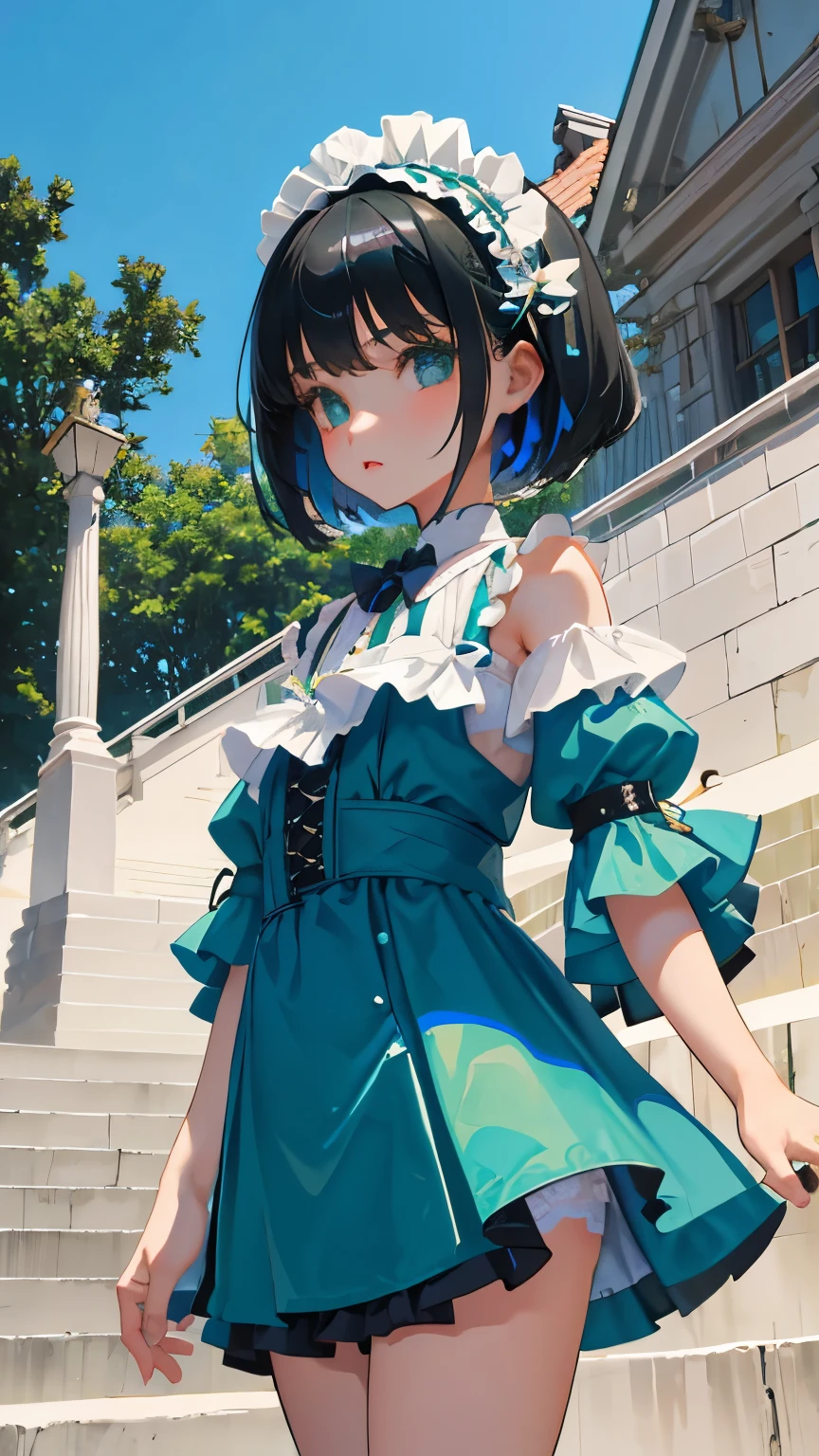 (short cute girl， young studeg delicate girl）,（masterpiece，Top quality)，blue green lolita outfit，shorts，black hair