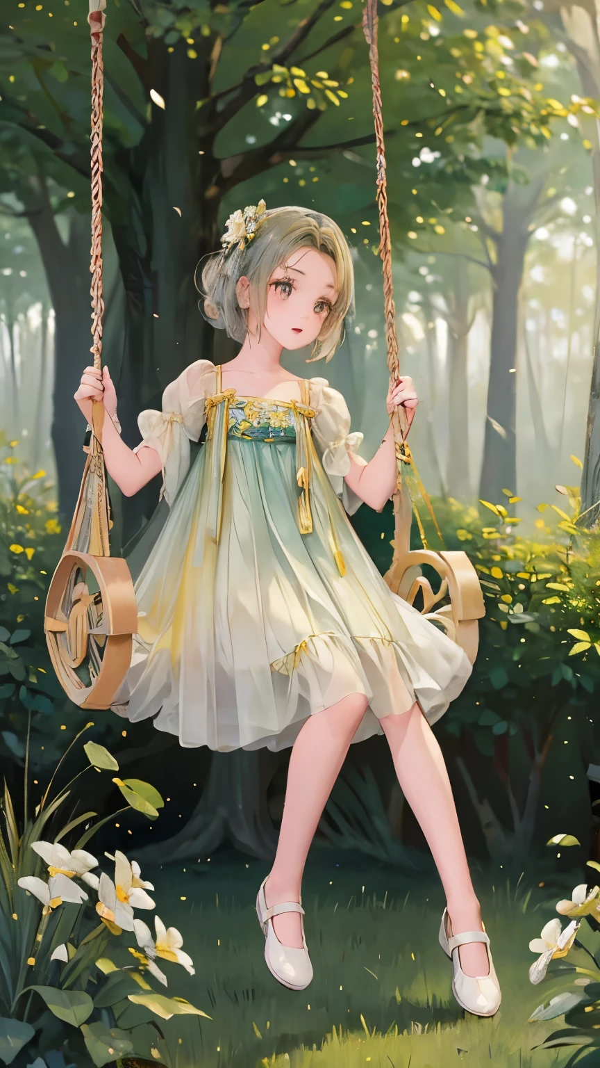 Full body picture of a beautiful 25 year-old girl playing on a swing hanging in a lonely forest tree, wearing flowery short yellow colour swirly frock, attractive feminine form, beautiful thighs, morning light, Disney Pixar