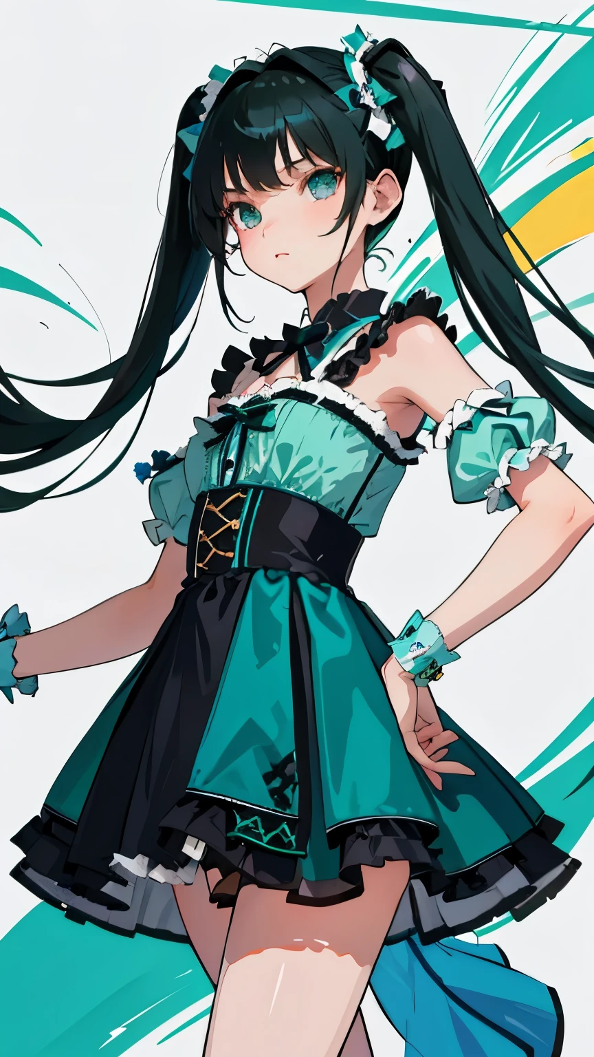 (short cute girl， young studeg delicate girl）,（masterpiece，Top quality)，blue green lolita outfit，shorts，black hair twintails