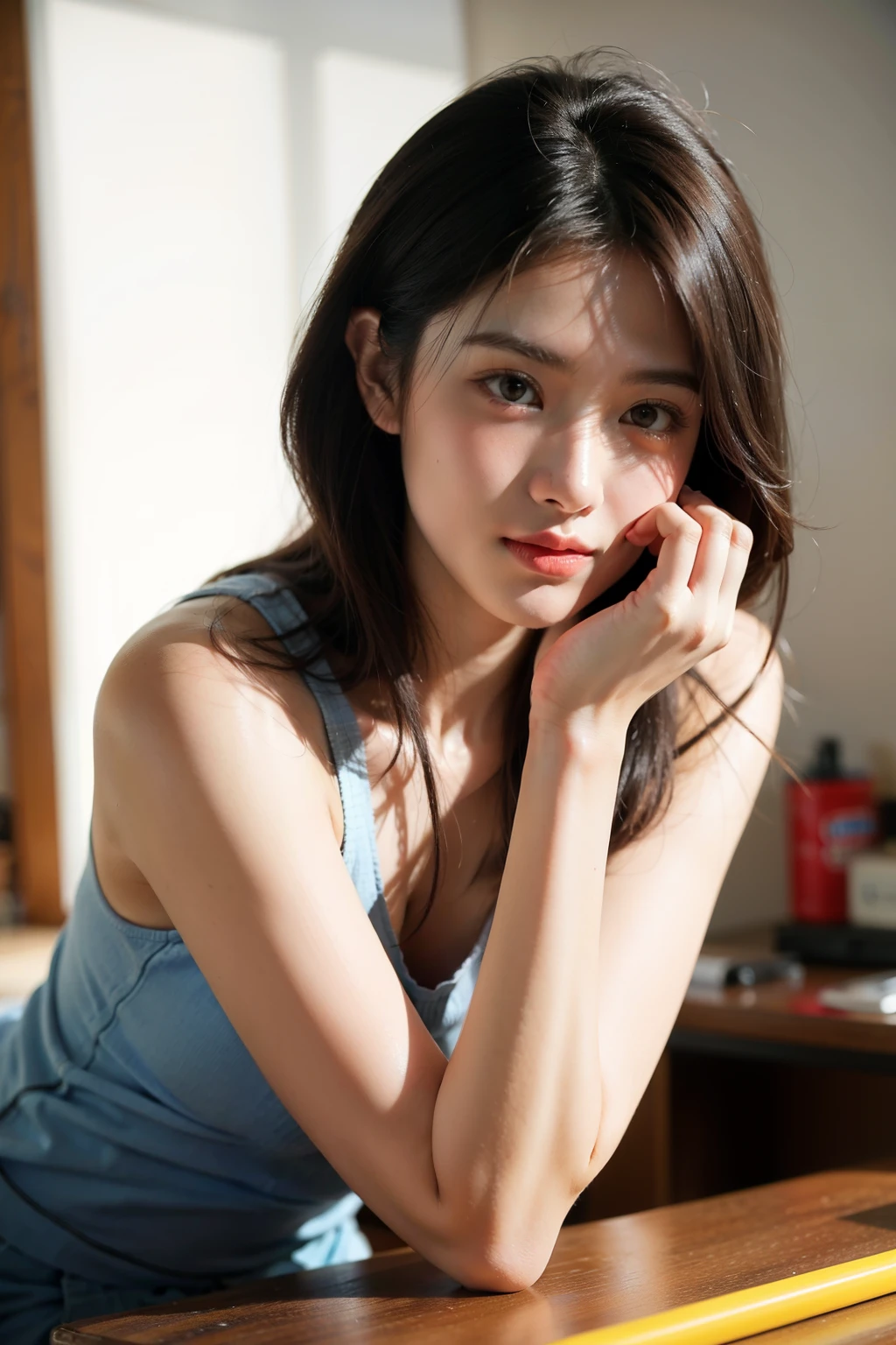 (actual),masterpiece,best quality,light,natural shadow,highest detail,Professional photography,Detailed background,depth of field,Crazy details,complex,Aesthetic,Detailed face,subsurface scattering,looking at the audience,1 chinese boy,whole body,work clothes,Next to the production line,faint smile,charming,
