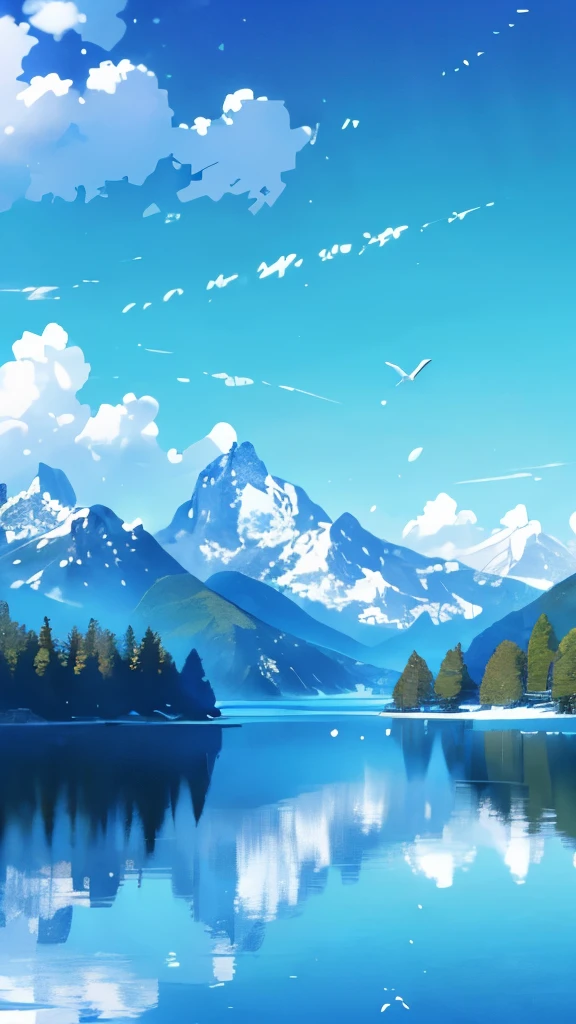 Quietly enjoy the picturesque scenery by the lake，The lake is crystal clear，The blue sky and white clouds contrast with the mountains reflected on the lake.，It is as if entering a world of peace and tranquility。Photography angle overlooking the lake，Photography with soft light，The composition highlights the contrast between the reflection of the lake and the distant mountains.。also，A flock of small birds flying in the sky，Adds a touch of life to the scenery。 |