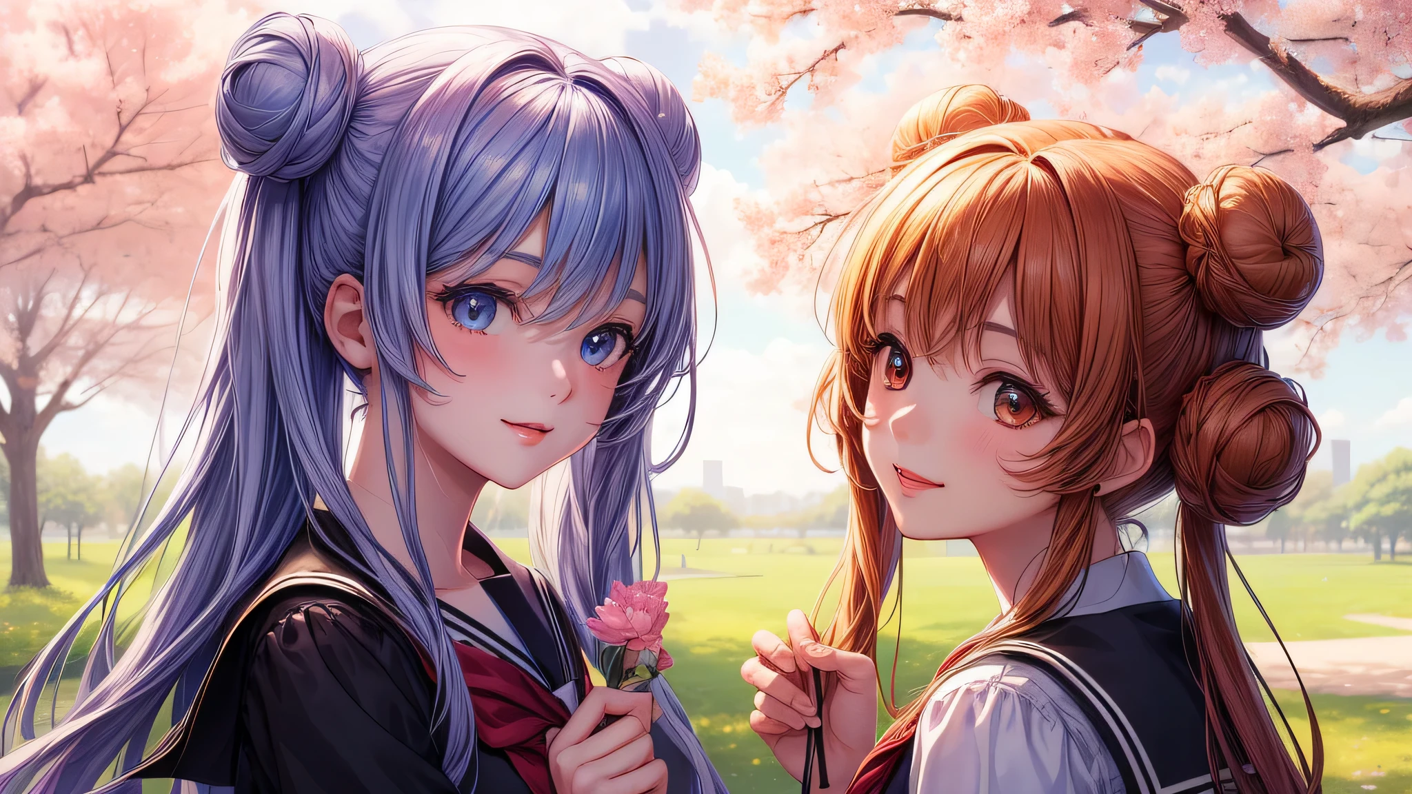 (2 girls:1.2), cute face, shining smile, (double buns), (school uniform, mini skirt:1.2), (highest quality: 1.4), (Super detailed), (highest quality:1.4), (super detailed), (lush park), Day光, cherry blossoms, Sunny, cloud, Day, blue sky, (anime illustration), very high resolution, (Upper body), close up face