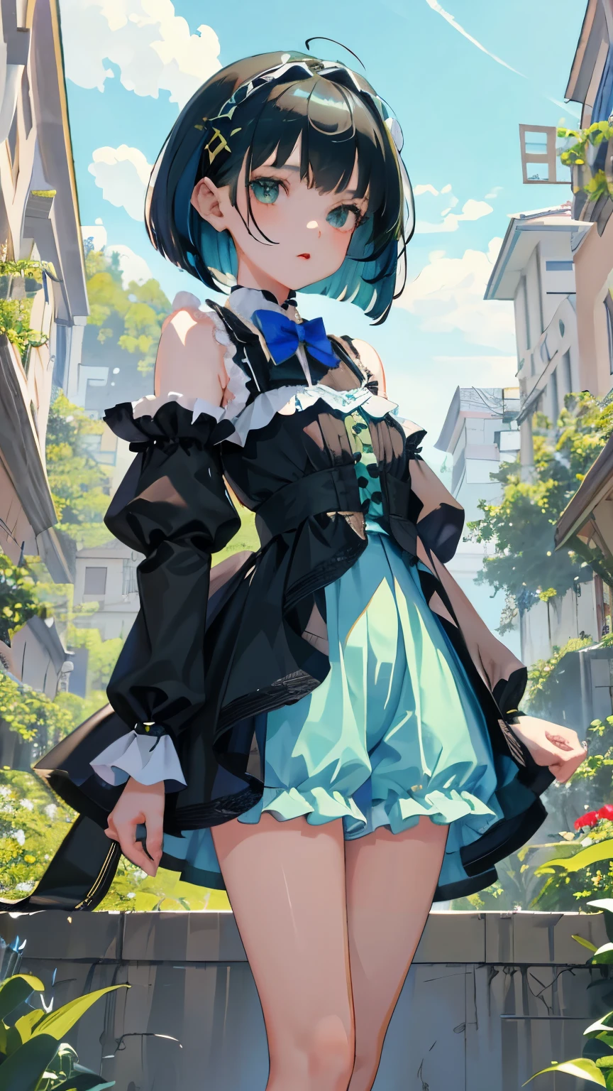 (short cute girl,small young student,young delicate girl),(masterpiece,Top quality),blue green lolita outfit,shorts,black hair bob