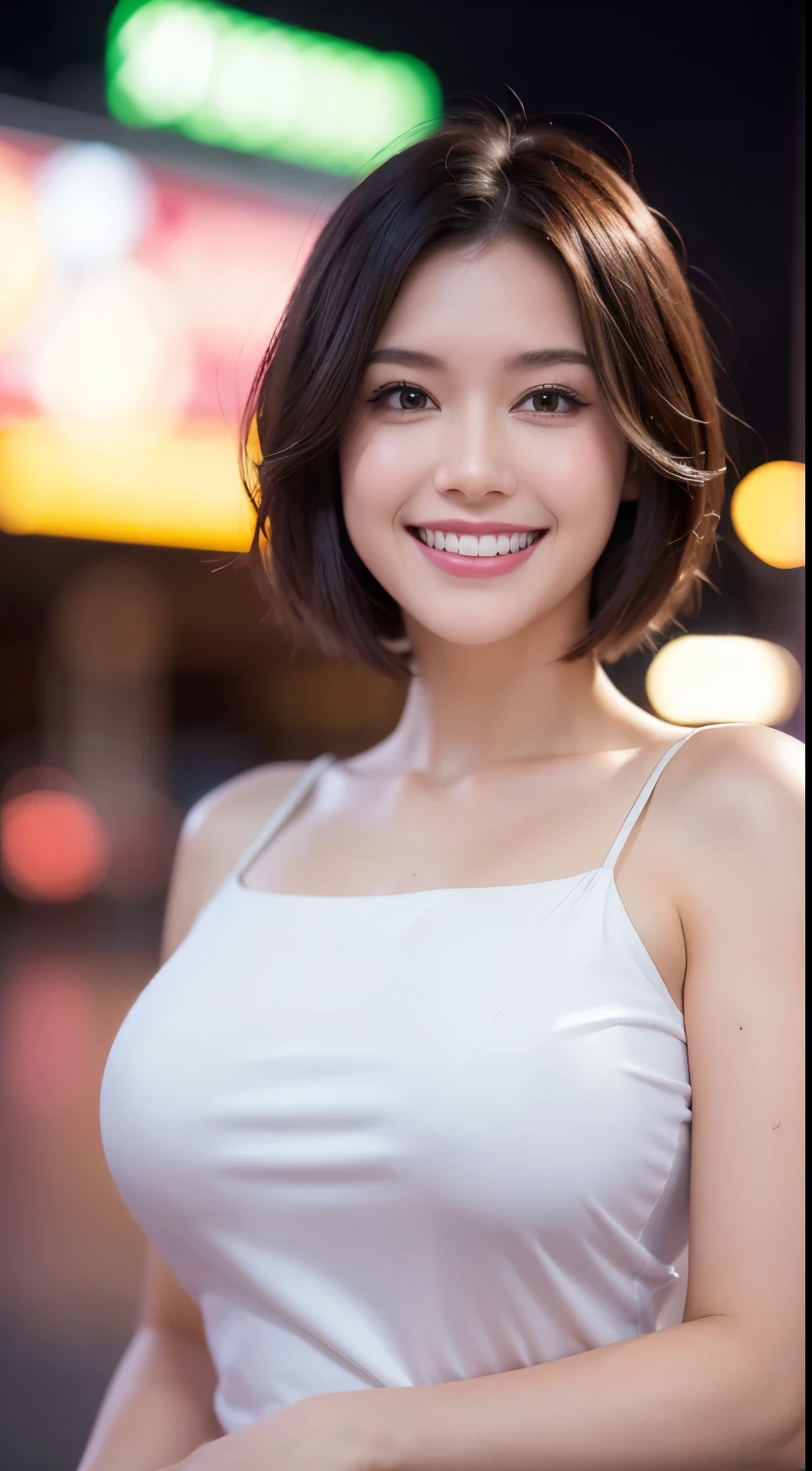 (8k, RAW photo, highest quality, High resolution: 1.1), (Ultra realistic: 1.4), (realistic, realistic: 1.3), soft light, Big girl, realistic Face, realistic Body, realistic Skin, disorganized, masterpiece, (cute: 1.8), cuties, alone, (big: 1.2), fine black eyes, innocent eyes, cheek, (blouse: 1.2), cinema light, film grain, (((short hair: 1.1)), cherry color lip, close, look viewer, Upper body, open lips, upper teeth, (smiling eyes: 0.6), (grin: 1.2)), Depth of the bounds written, blurred background, focus of the eye, Bokeh, midnight, Shinjuku, neon sign, cyber punk, rain, 85mm lens, f/1.4, professional lighting, young, portrait, photon mapping, radio city, Physically based rendering