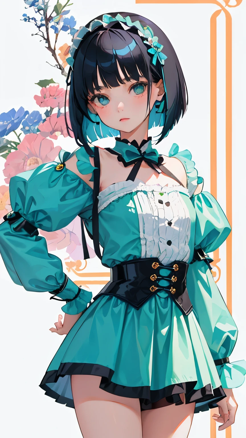 (short cute girl,small young student,young delicate girl),(masterpiece,Top quality),blue green lolita outfit,shorts,black hair bob