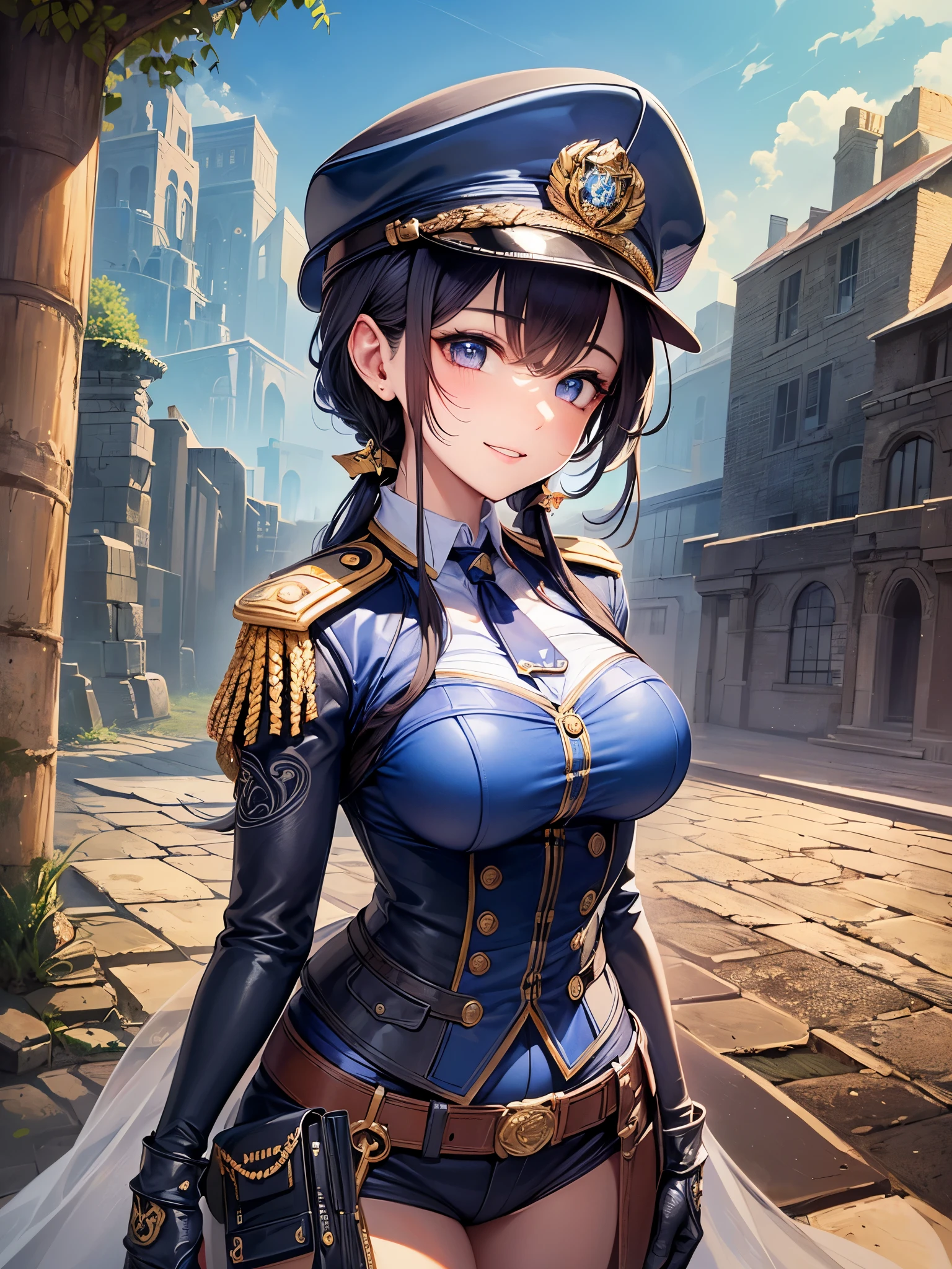 ((highest quality)),(ultra high resolution),(Super detailed),(detailed description),((best CG)),(best work of art),super precision art,amazing drawing art,(Fantasy art with precise details:1.5), (female officer:1.8),(beautiful and well-shaped face:1.5),smile:1.5,(Detailed military uniform:1.6,Very precise and detailed pattern),glamorous body:1.3,