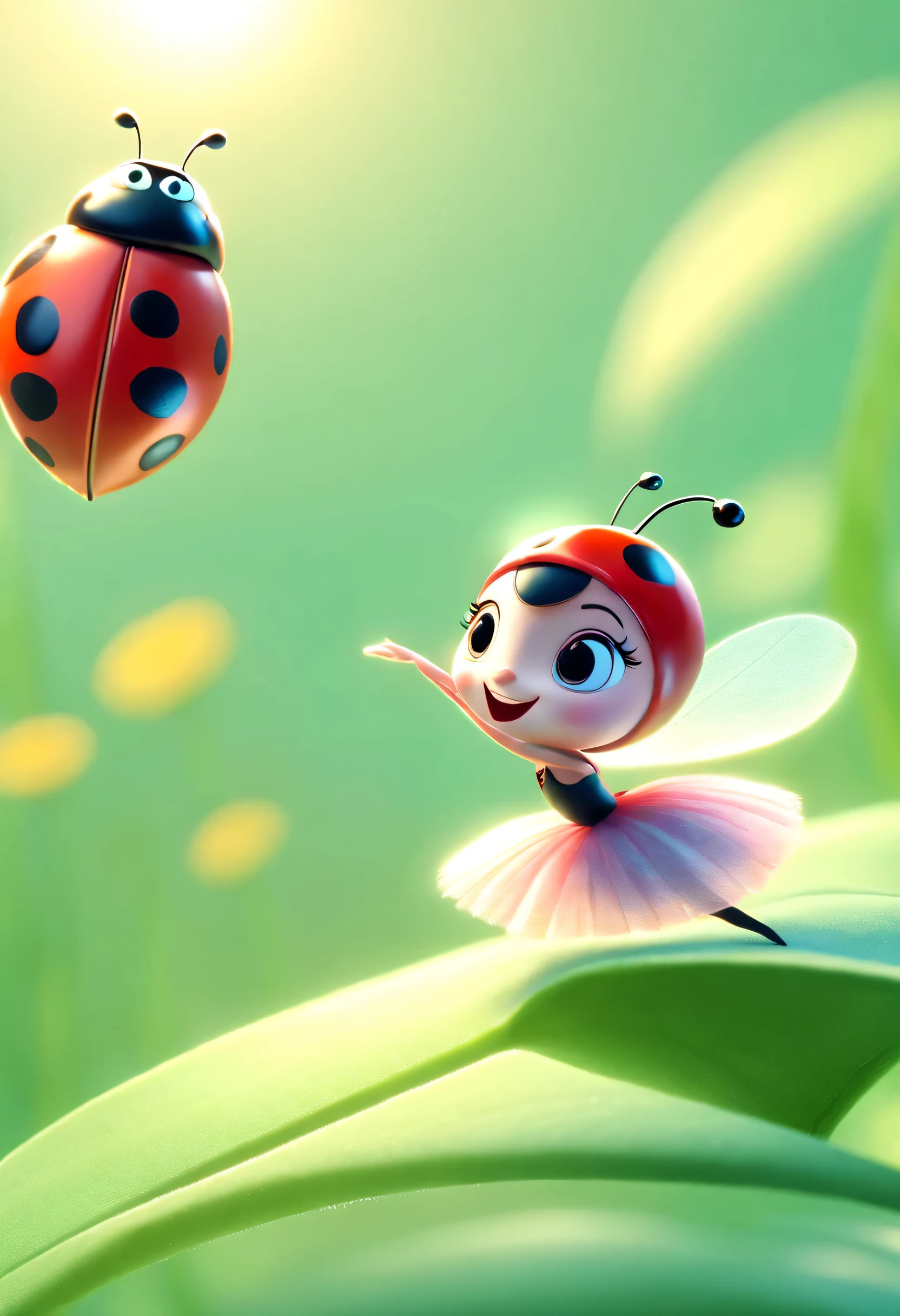a charming, animated ladybug, Balleting gracefully on a dew-kissed leaf in the lush center, morning grass, described as soft, Pastel color animation style，Focus on the delicate movements and tranquility of the ladybug, Idyllic setting 
