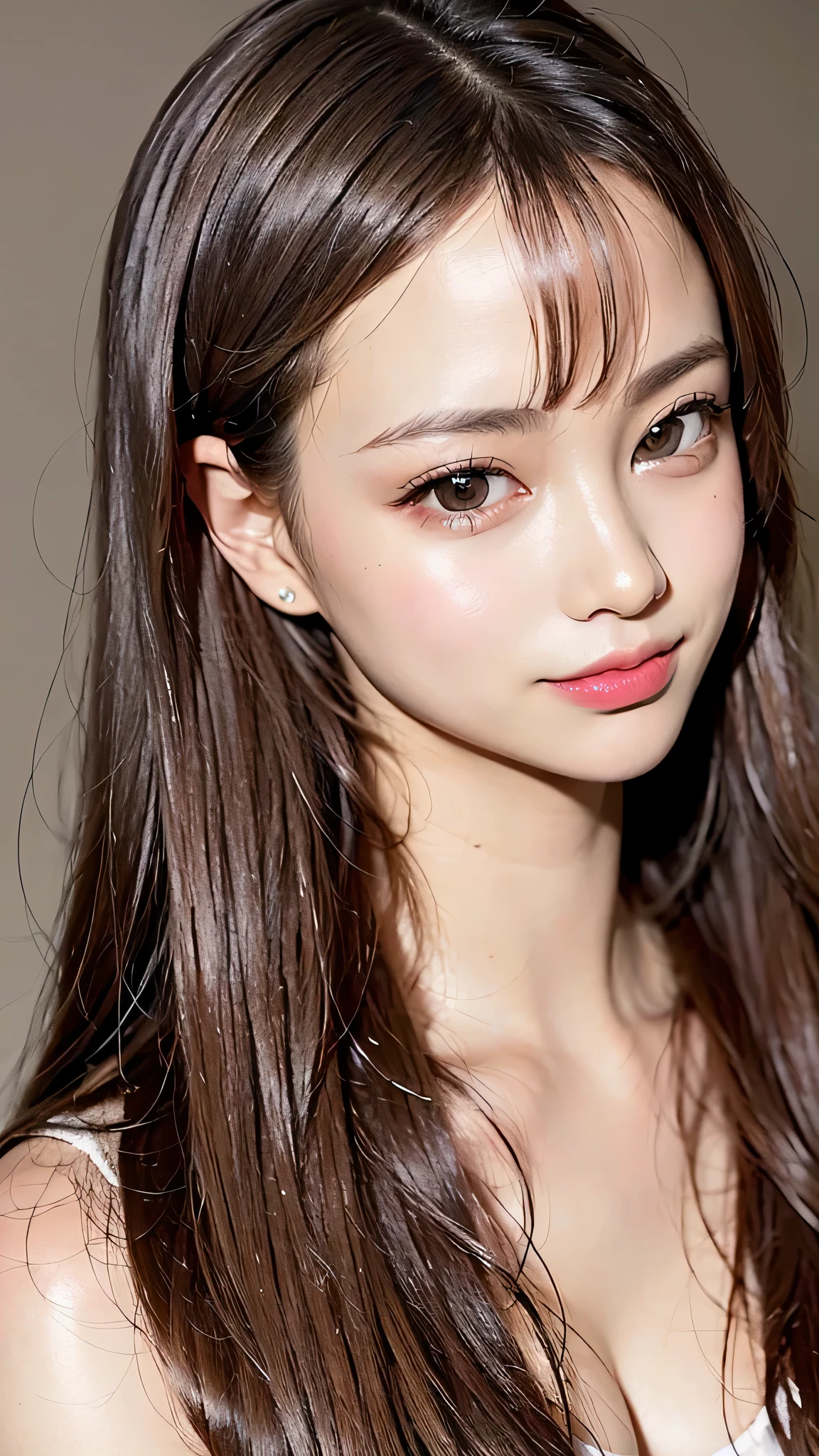 (RAW shooting:1.2)、(photorealistic:1.4)、(masterpiece:1.3)、(highest quality:1.4)、(Beautiful woman with perfect body:1.4)、(silk material:1.3)、bright look、ponytail、Young, shiny, white, glossy skin、best beauty、reflection of brown hair、shiny bright hair,、super long silky straight hair、Shining beautiful bangs、Brilliant crystal clear attractive big eyes、very beautiful lovely cute japanese girl、rich bust、cleavage、Seduce、show thighs、(camisole:1.3)、smile、adult charm