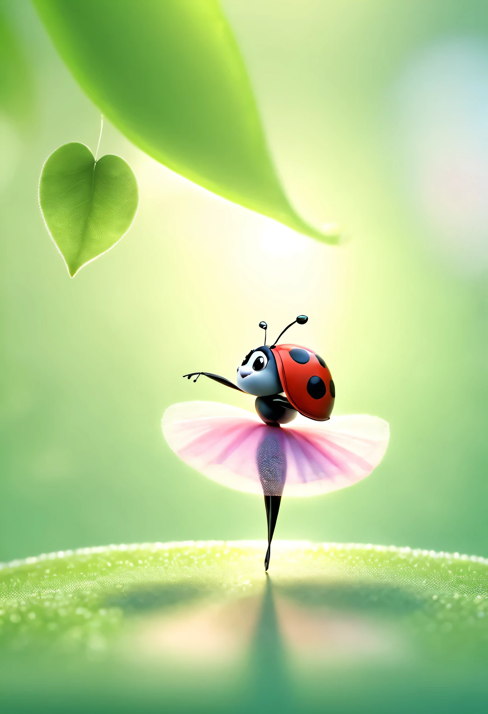 a charming, animated ladybug, Balleting gracefully on a dew-kissed leaf in the lush center, morning grass, described as soft, Pastel color animation style,Focus on the delicate movements and tranquility of the ladybug, Idyllic setting