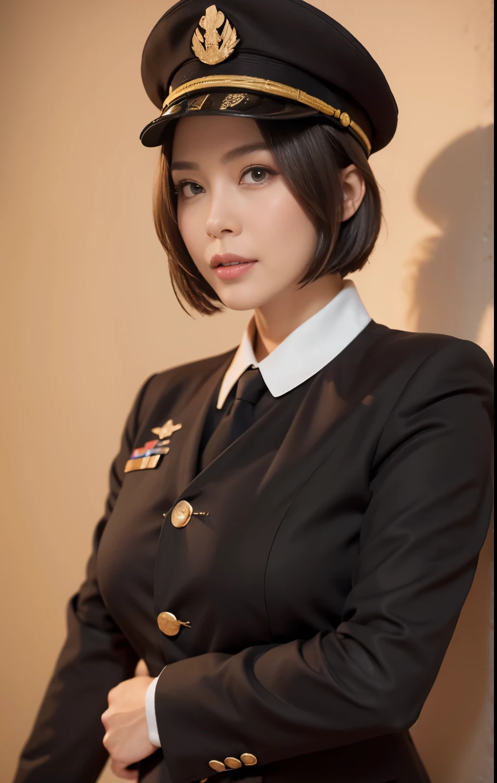 best image quality, excellent details, ultra high resolution, (realism: 1.4), ((close:0.55)), Favor details, condensed 1lady, 40 years old, With a beautiful and delicate face, perfect proportions, ((salute, standing up straight, Chubby:0.4)), ((short hair, up style)), (salute, standing up straight, Chubby:0.2), (black military uniform)、(golden button)、armband、medal、Etiquette for wearing military caps, captain, simple gray wall for background,