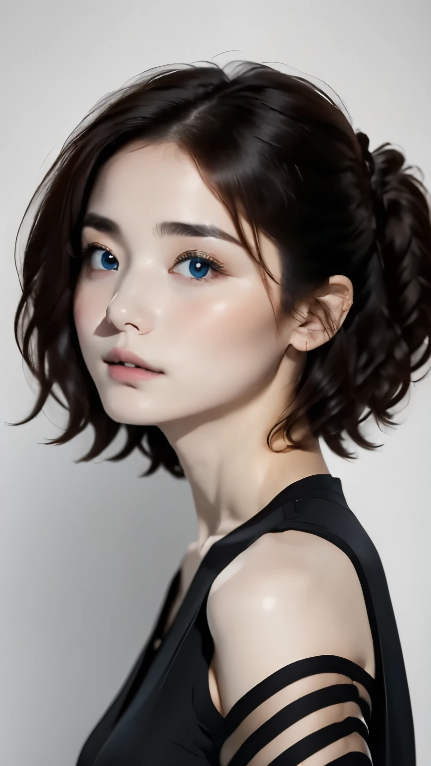 ((wallpaper 8k)), ((surreal)), ((Quality with attention to detail:1.2)), 1 girl, １４talent、kind eyes、plump lips、An ennui look、small breasts、small breasts、Elegant dress in black,black capelet, look up, widespread poverty, short cut hair、short hair twin tails、ash gray hair、white skin、
