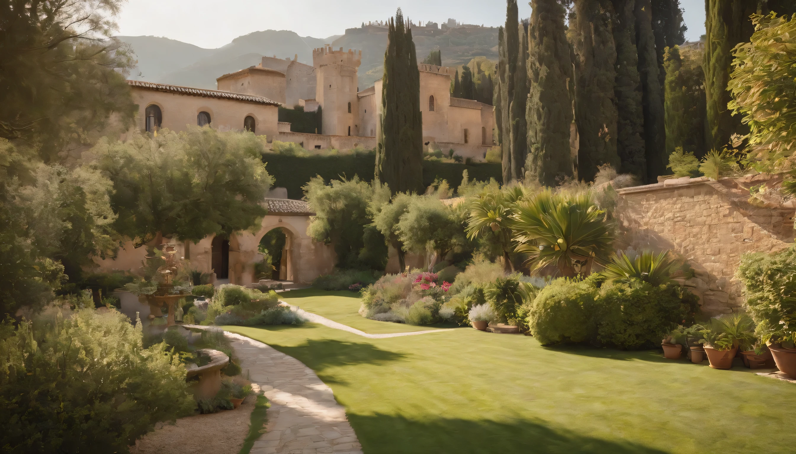 (Highly detailed CG Unity 8k wallpaper、masterpiece、highest quality、Super detailed)、(best lighting、best shadow、very delicate and beautiful)、highest quality、8k、Detailed facial depiction、masterpiece、highest quality、clear image quality、
View of the beautiful gardens and buildings of the Alhambra。
