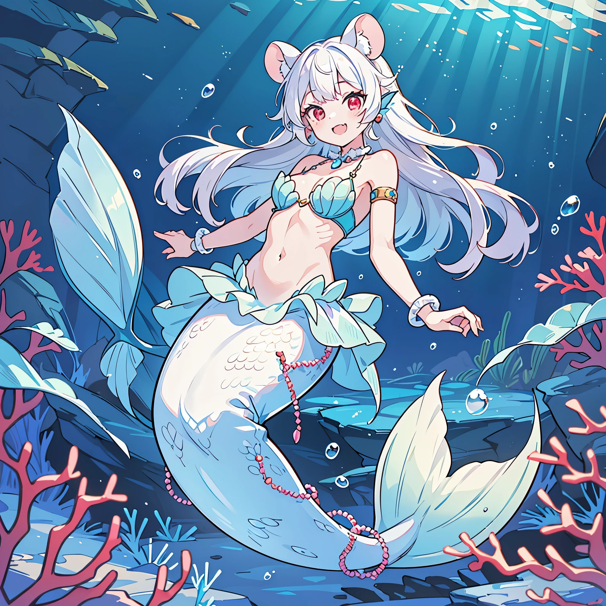 (best quality,4k,8k,highres,masterpiece:1.2),ultra-detailed, Pretty anthropomorphic albino mouse girl magically transformed into a beautiful mermaid, race swap, fantastic transformation, sharp teeth, is smiling, drawn in anime style, steampunk, fishlike, looks wet, very long curly white hair, red eyes, white fur, slim body, whiskers, mouse ears, mermaid tail below waistline, knee less, shimmering fish scales, pelvic and dorsal fins, a pair of fish gills on her torso, seashells bra, pearl earrings and bracelets, pearl necklace, joyful expression, playful mermaid poses, sparkling water, water reflections, ethereal atmosphere, subtle glow, whimsical and enchanting, checking her new body, underwater world, colorful coral reef, magical underwater lighting, vivid colors, breathing underwater, endless ocean depths, sunlight filtering through the water, Highly detailed, masterpiece, high quality, 4K.