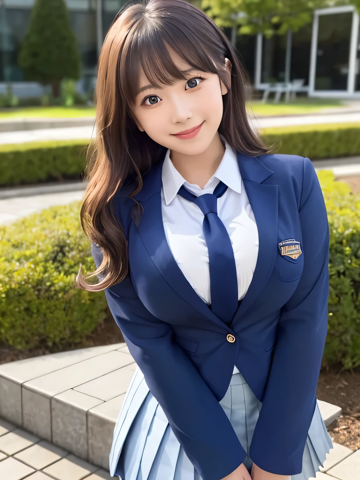 8k, highest quality, real image, intricate details, Super detailed, ultra high resolution, depth field,(realistic,realistic:1.2), from the middle, 1 Japanese girl, very beautiful 17 year old girl, Big eyes, beautiful breasts:1.5、highly detailed eyes:1.2), (beautiful breasts:1.1), (small breasts:1.5), wavy hair、curly hair、bangs, perfect skin, Fair skin, huge hips, thick thighs, thick legs, cleavage, tight waist, light blush, alone, looking at the viewer, (smile:1.4), ((School_uniform),(dark blue blazer), (white shirt、wear a tie), (gray pleated skirt), (sculpture installation :1.1)