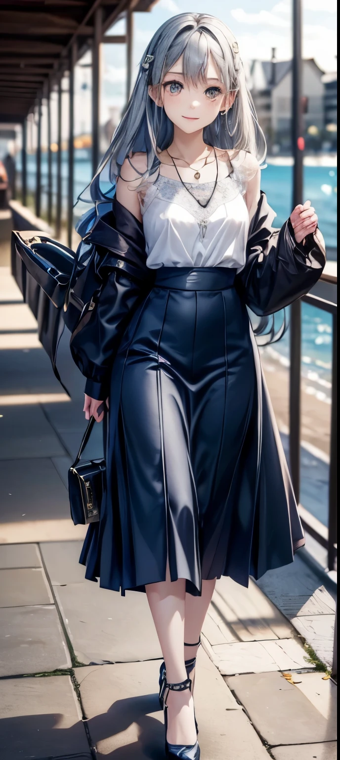 masterpiece、((focus on the face))、(full body shot、Full body photo including face)、((Symmetrical facial features))、(Biologically correct limbs、number of fingers)、Eyes of minute description、Beautiful woman、outstanding style、slender body、(small ass、thin thighs)、(smiling shyly、Watery eye)、peplum。((long skirt))、pantyhose、(high heels、anklets of the same color)、Photo showing the whole body、head to toe photo、Detailed depiction of faces、small earrings、necklace、high angle、The subject is far away、shallow depth of field、wide angle focal length、blue silver hair、long straight shiny hair、(Walking on the pier at Monet's Pond)、(Carrying a parasol made of lace)