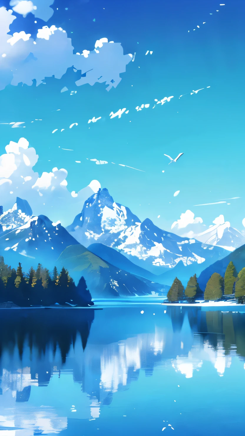 Quietly enjoy the picturesque scenery by the lake,The lake is crystal clear,The blue sky and white clouds contrast with the mountains reflected on the lake..,It's like entering a peaceful and tranquil world。Photography angle overlooking the lake,soft light photography,The composition highlights the contrast between the reflection of the lake and the distant mountains..。return,A flock of birds flying in the sky,Adds a touch of life to the landscape。 |