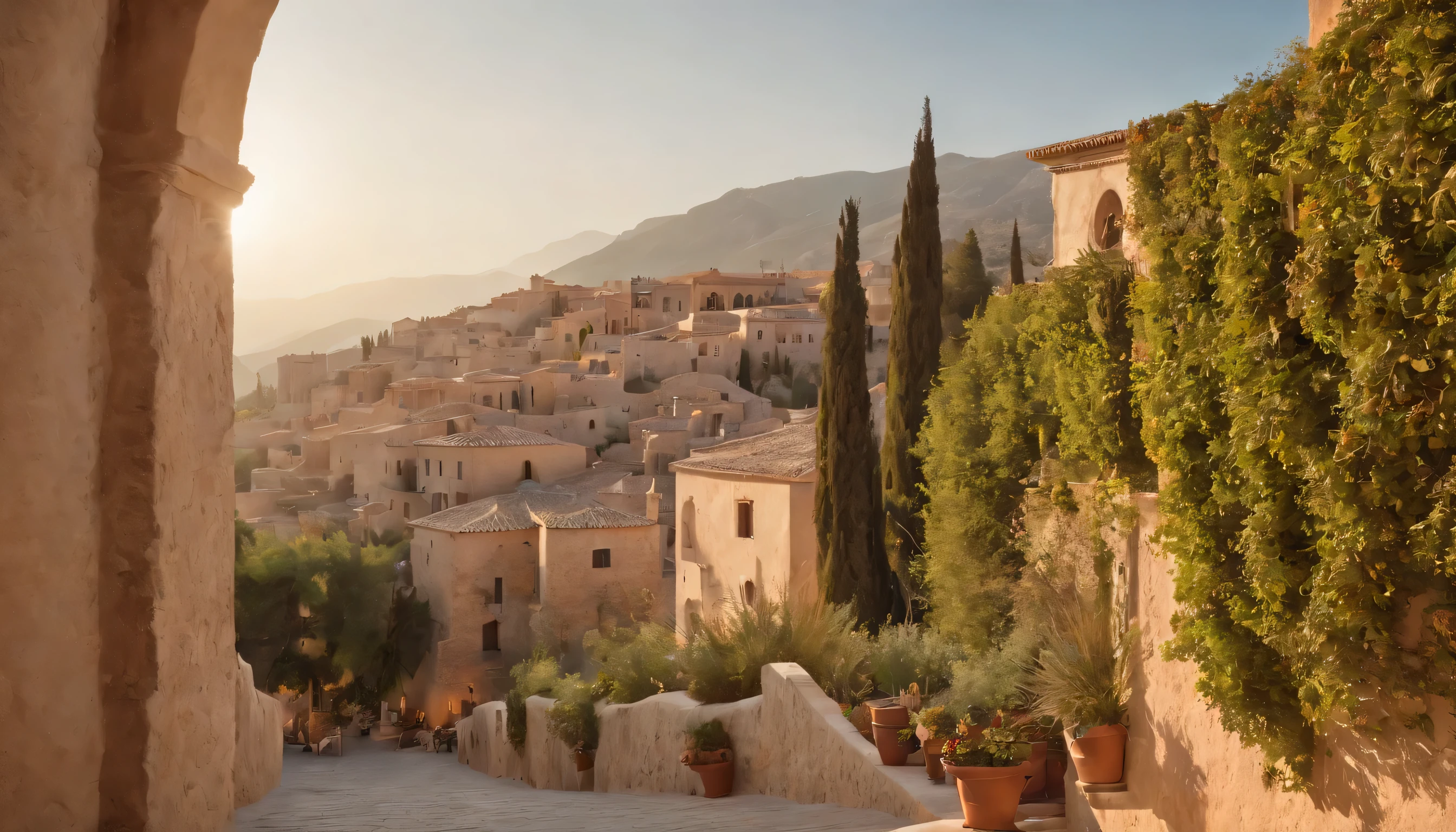 (Highly detailed CG Unity 8k wallpaper、masterpiece、highest quality、Super detailed)、(best lighting、best shadow、very delicate and beautiful)、highest quality、8k、Detailed facial depiction、masterpiece、highest quality、clear image quality、
View of Granada's narrow streets and Moroccan-inspired architecture'Albaicin district。
