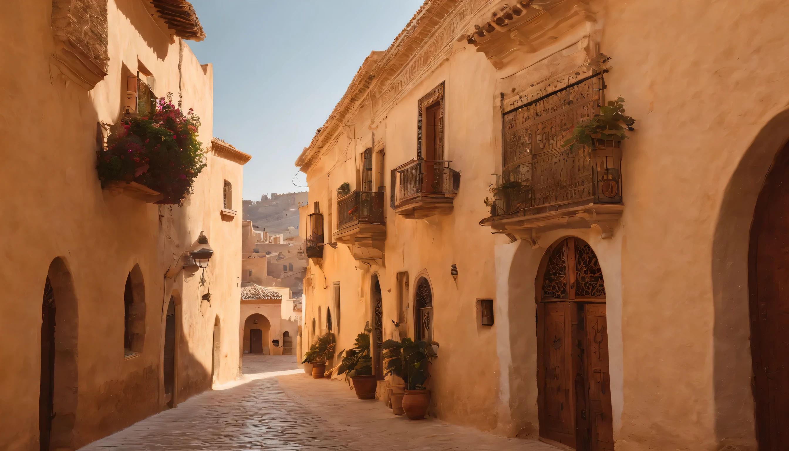 (Highly detailed CG Unity 8k wallpaper、masterpiece、highest quality、Super detailed)、(best lighting、best shadow、very delicate and beautiful)、highest quality、8k、Detailed facial depiction、masterpiece、highest quality、clear image quality、
View of Granada's narrow streets and Moroccan-inspired architecture'Albaicin district。