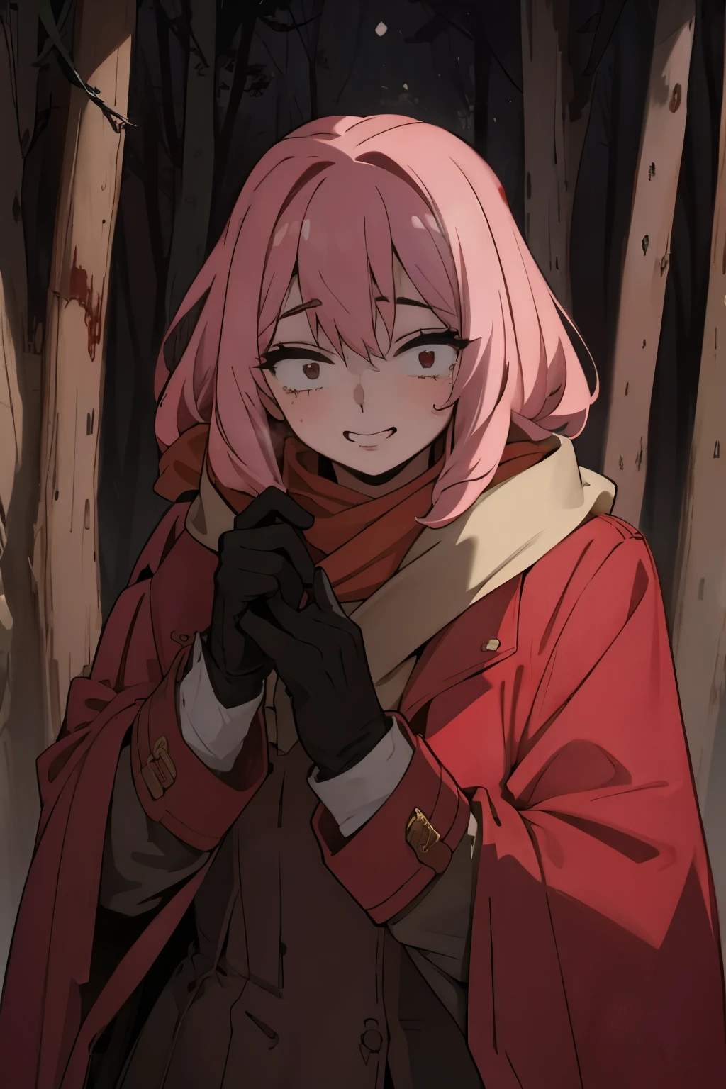 beautiful young lady wearing a red overcoat, scarves, gloves. in a middle of a snowstorm night time forest. dark place, no visible light. yandere face Blood smile obsessed  