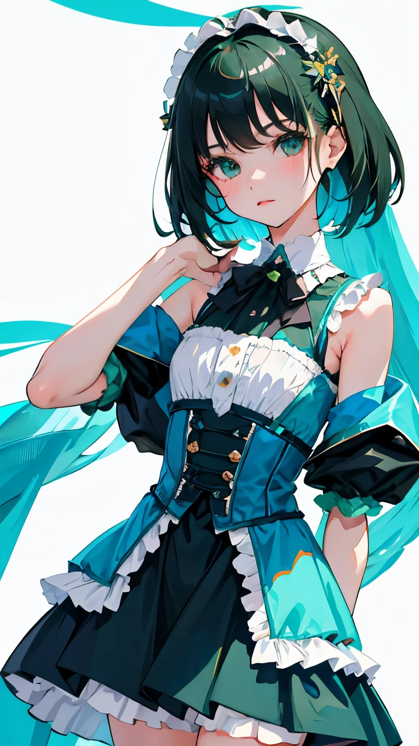 (short cute girl,small young student,young delicate girl),(masterpiece,Top quality),blue green ta outfit,shorts,long black hair