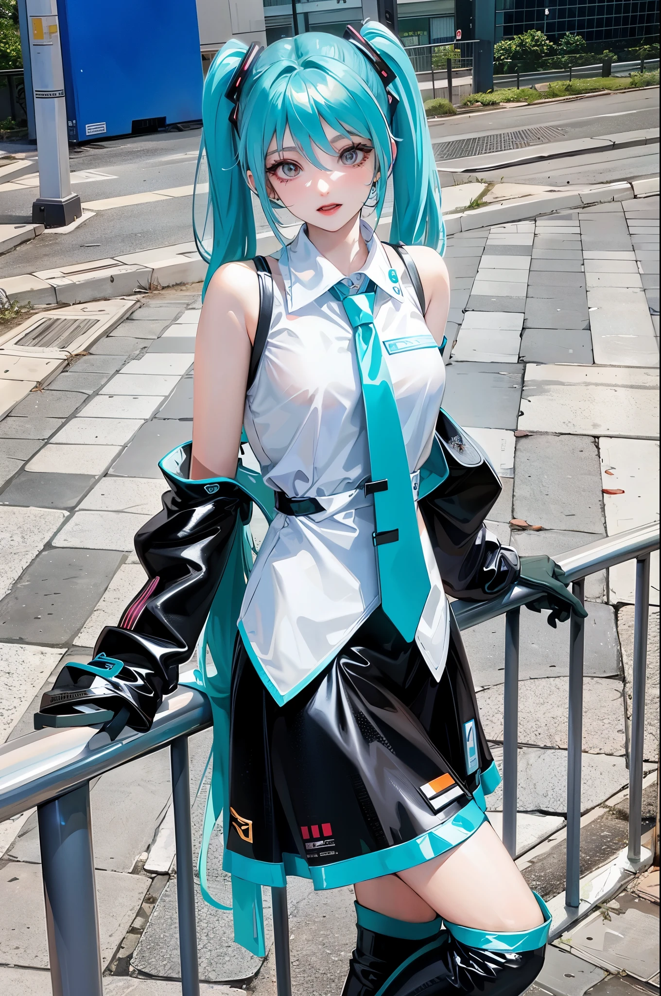 Arav posing on railing in costume and boots, hatsune future role play, anime girl role play, anime role play, hatsune future, futuredayo, future, singing voice, real life anime girls, role play, anime inspiration, role play photo, professional role play, role player, portrait of hatsune future, hatsune future short hair