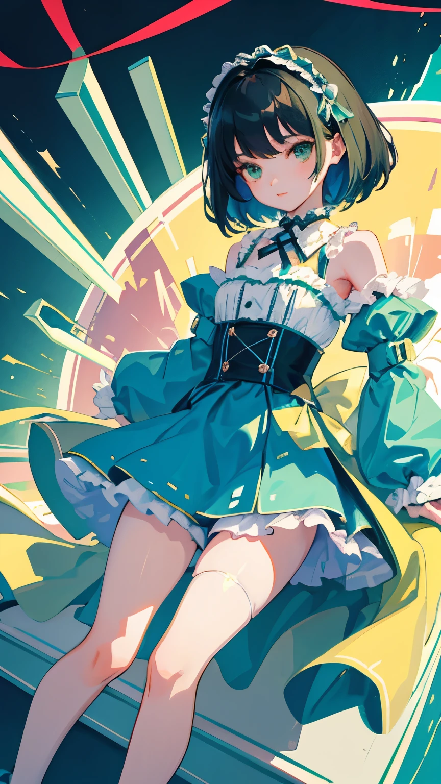 (short cute girl, young studeg delicate girl),(masterpiece,Top quality),blue green lolita outfit,shorts,long black hair