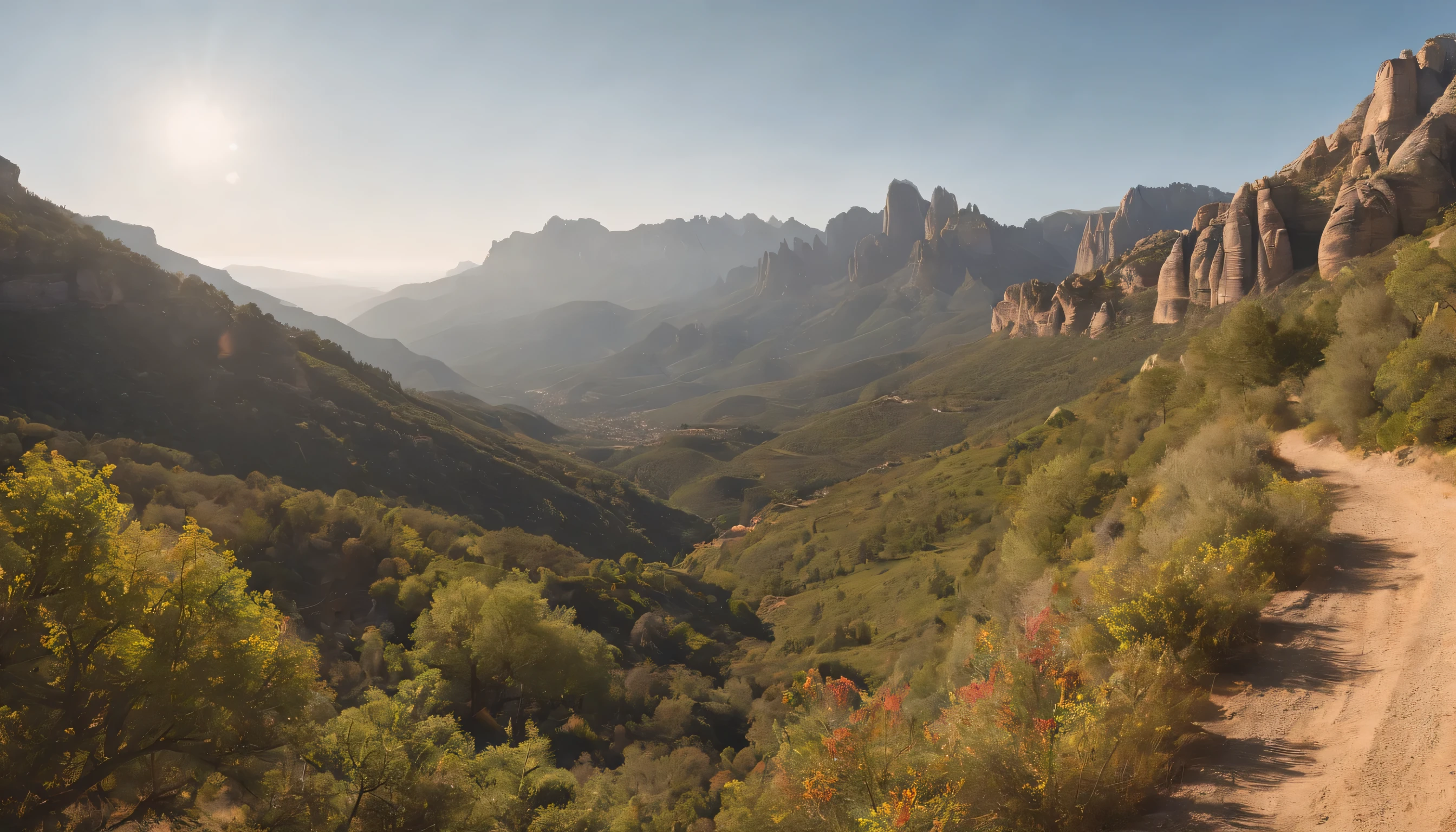 (Highly detailed CG Unity 8k wallpaper、masterpiece、highest quality、Super detailed)、(best lighting、best shadow、very delicate and beautiful)、highest quality、8k、Detailed facial depiction、masterpiece、highest quality、clear image quality、
View of the Montserrat mountains in Catalonia。