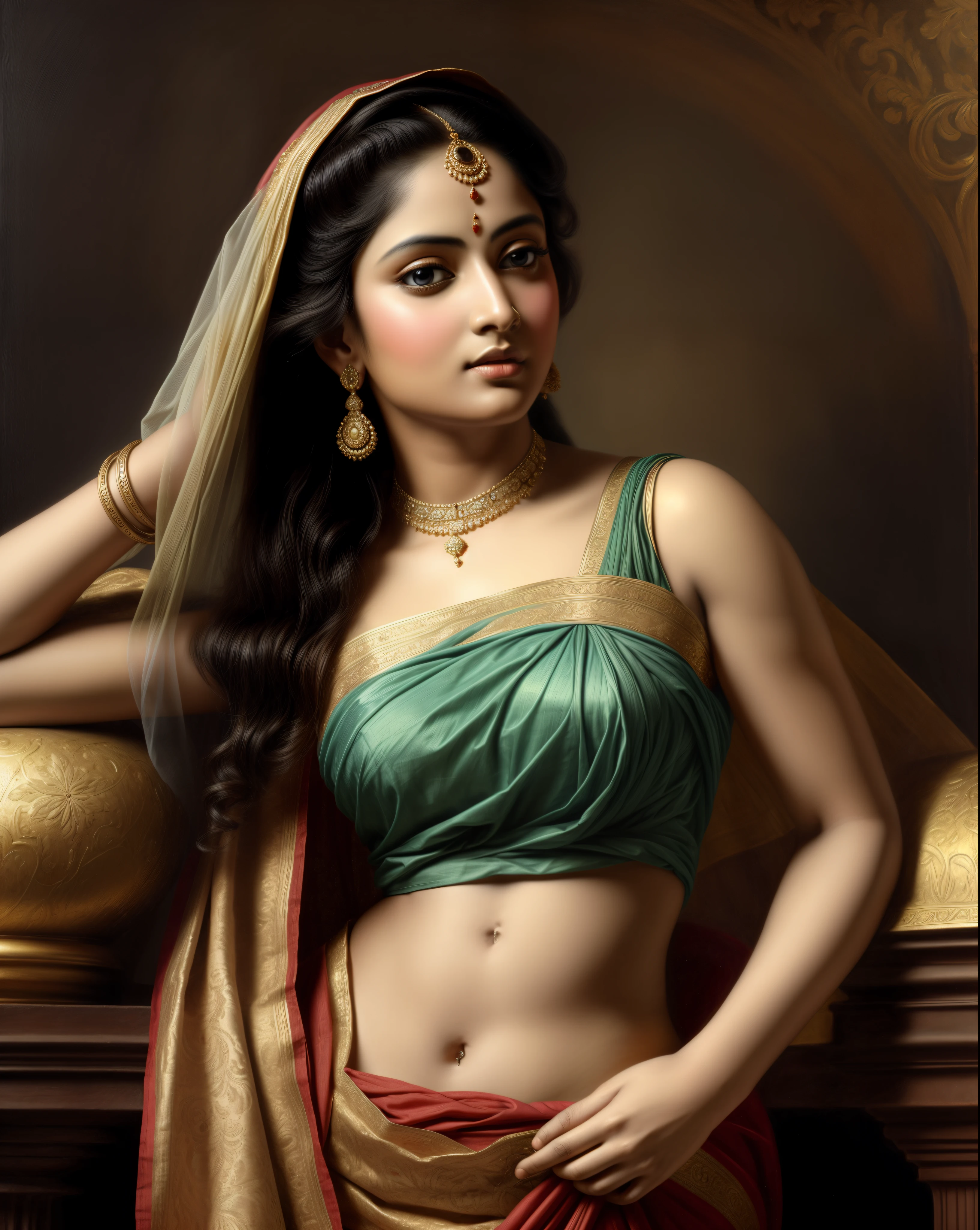 Beautiful Indian Woman, wearing saree, sari Beauty, gorgeous, Apsara, Maharani, royal queen woman, nymph from Hindu Mythology, Urvashi, matchless beauty, Highly detailed, Oil Painting by Peter Paul Rubens inspired by Raja Ravi Varma, Matchless beauty, captivating, gorgeous, heavenly beauty, celestial beauty, by Peter Paul Rubens, 1893, realistic, hyper realistic, micro details, incredible artwork, insane details, ultra High resolution, 8k, 32k, acrylic on canvas, intricate, flawless, detailed, detailed face, detailed eyes, masterpiece, by Peter Paul Rubens, by Caravaggio, by William Adolphe bouguereau, perfect face, perfect body, beautiful art, realism, baroque, renaissance Art, highly textured, beautiful and detailed eyes, uhd, best quality,