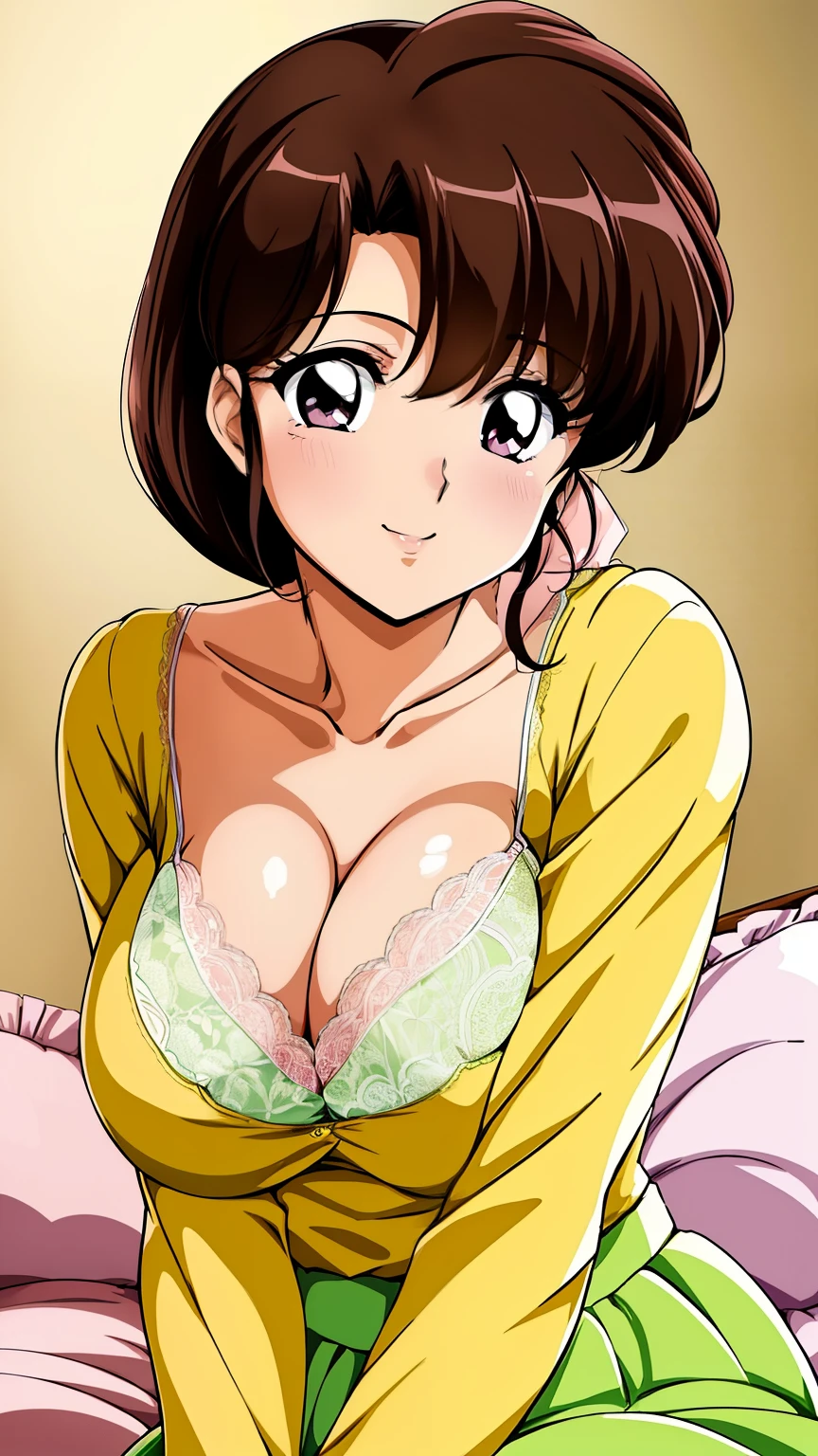 Tendou_Kasumi, yellow_shirt_green_high waist_skirt, alone, big breasts,, masterpiece, highest quality, detailed face,(pink lace bra), fine eyes, High resolution,perfect face, perfect body,big breasts,smile, sitting,Upper body,cleavage, lying in bed, ((show your breasts)),perfect tits