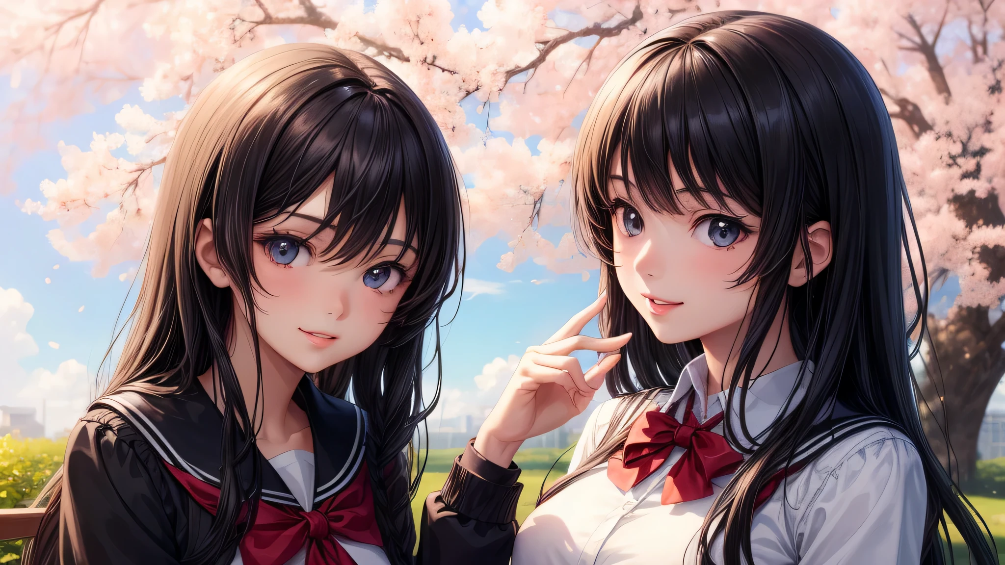 (2 girls:1.2), cute face, shining smile, (black hair), (school uniform, mini skirt:1.2), (highest quality: 1.4), (Super detailed), (highest quality:1.4), (super detailed), (lush park), Day光, cherry blossoms, Sunny, cloud, Day, blue sky, (anime illustration), very high resolution, (Upper body), close up face