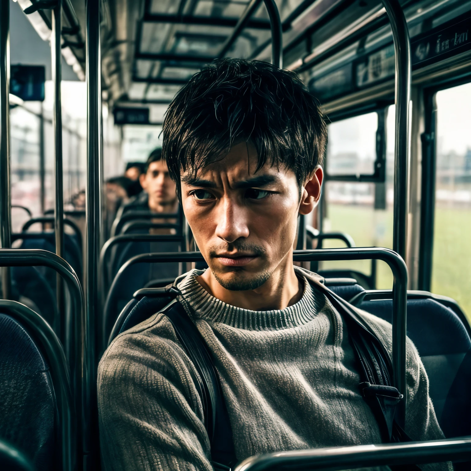 A man with a cold inside a crowded bus