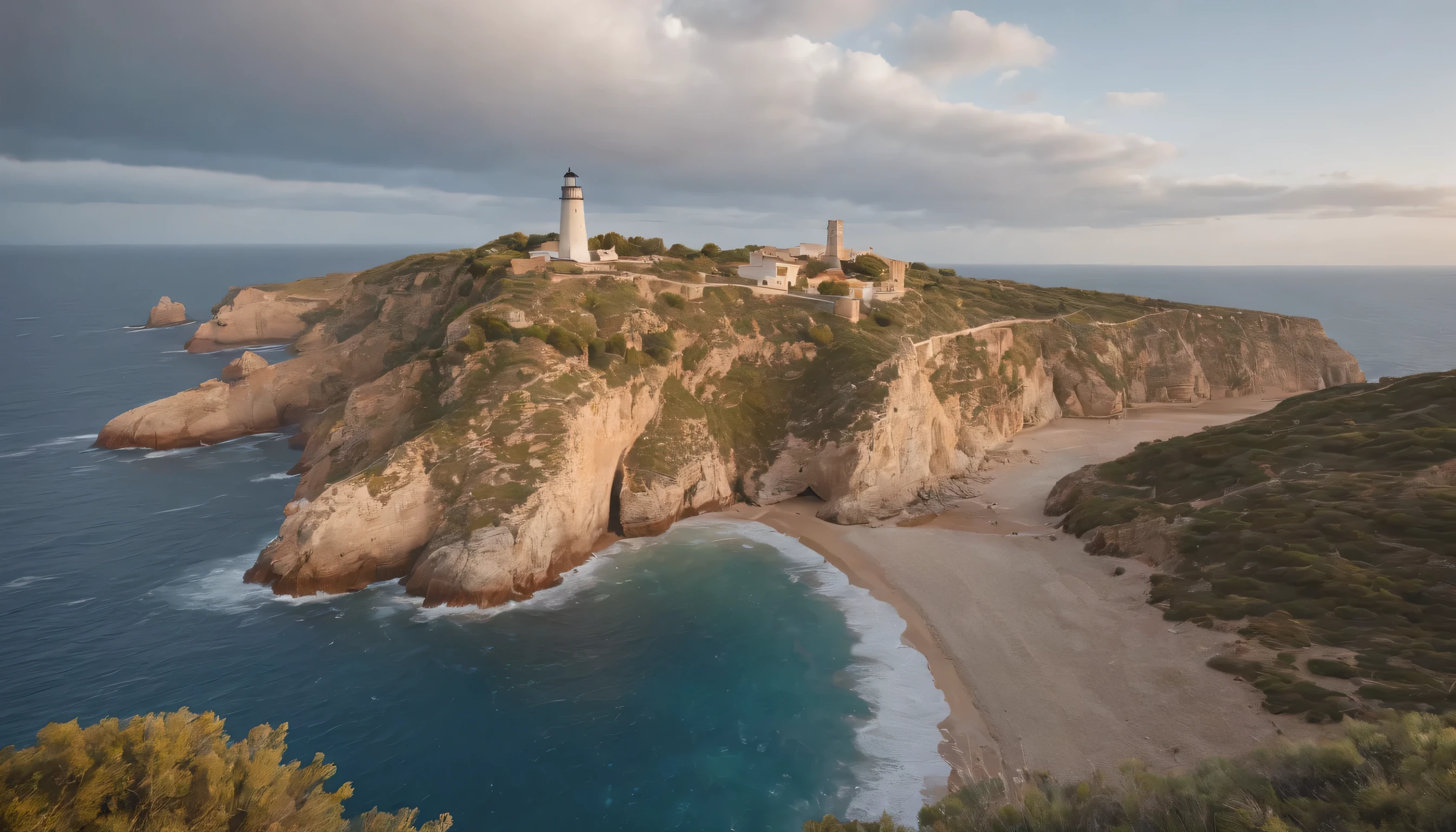 (Highly detailed CG Unity 8k wallpaper、masterpiece、highest quality、Super detailed)、(best lighting、best shadow、very delicate and beautiful)、highest quality、8k、Detailed facial depiction、masterpiece、highest quality、clear image quality、
Es Trencas lighthouse and coastal landscape in the Balearic Islands。