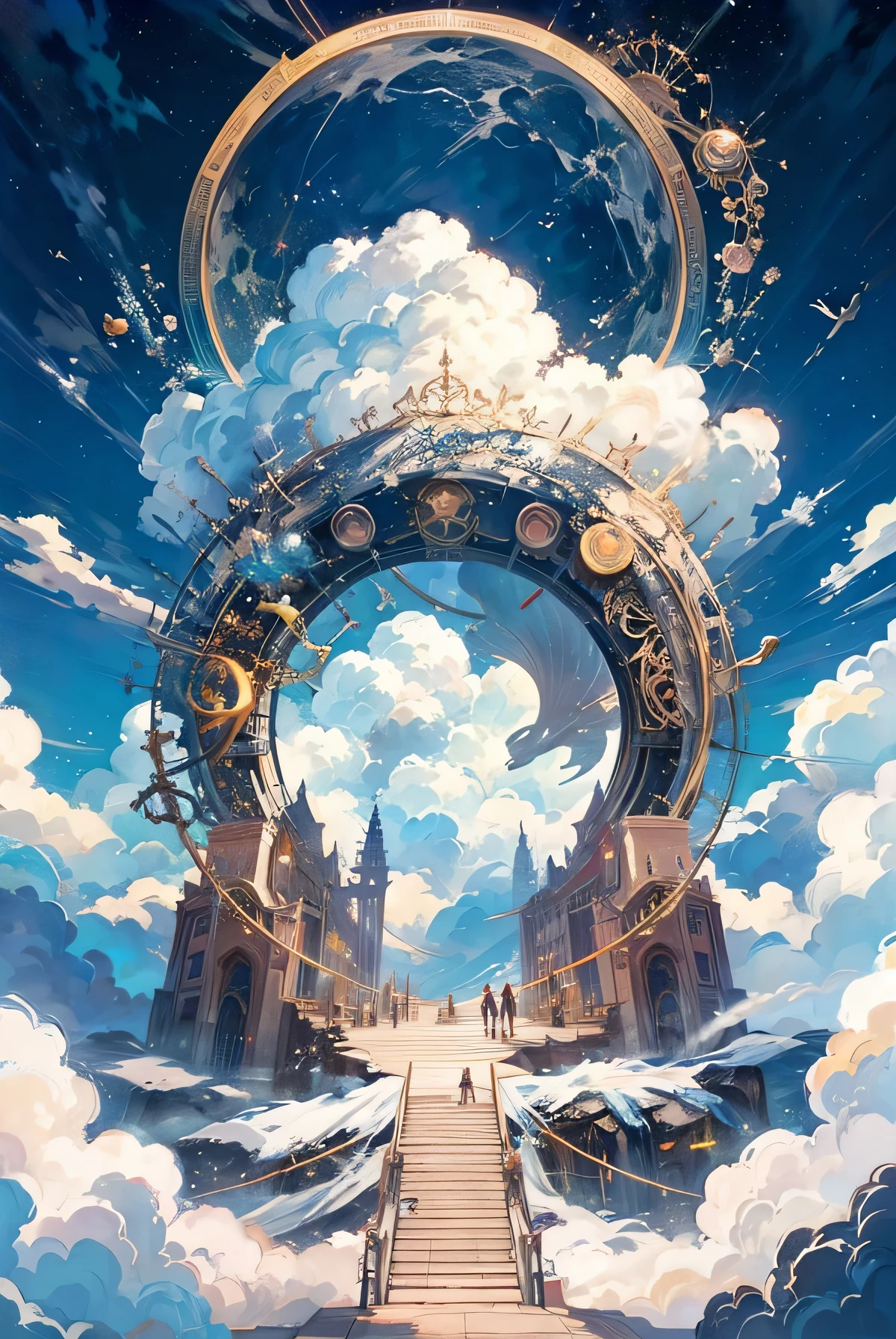 Painting of stairs leading to tall buildings in the sky, Magic portal in the sky, gate of heaven, Tianmen, Animation New Art Universe Display, dream portal, Cloud Palace, Popular topics on artstation pixiv, Infinite Astronomy Library, portal to another world, fantasy art style, anime cloud, The door to the ethereal realm, Anime Fantasy Illustration, Anime fantasy artwork