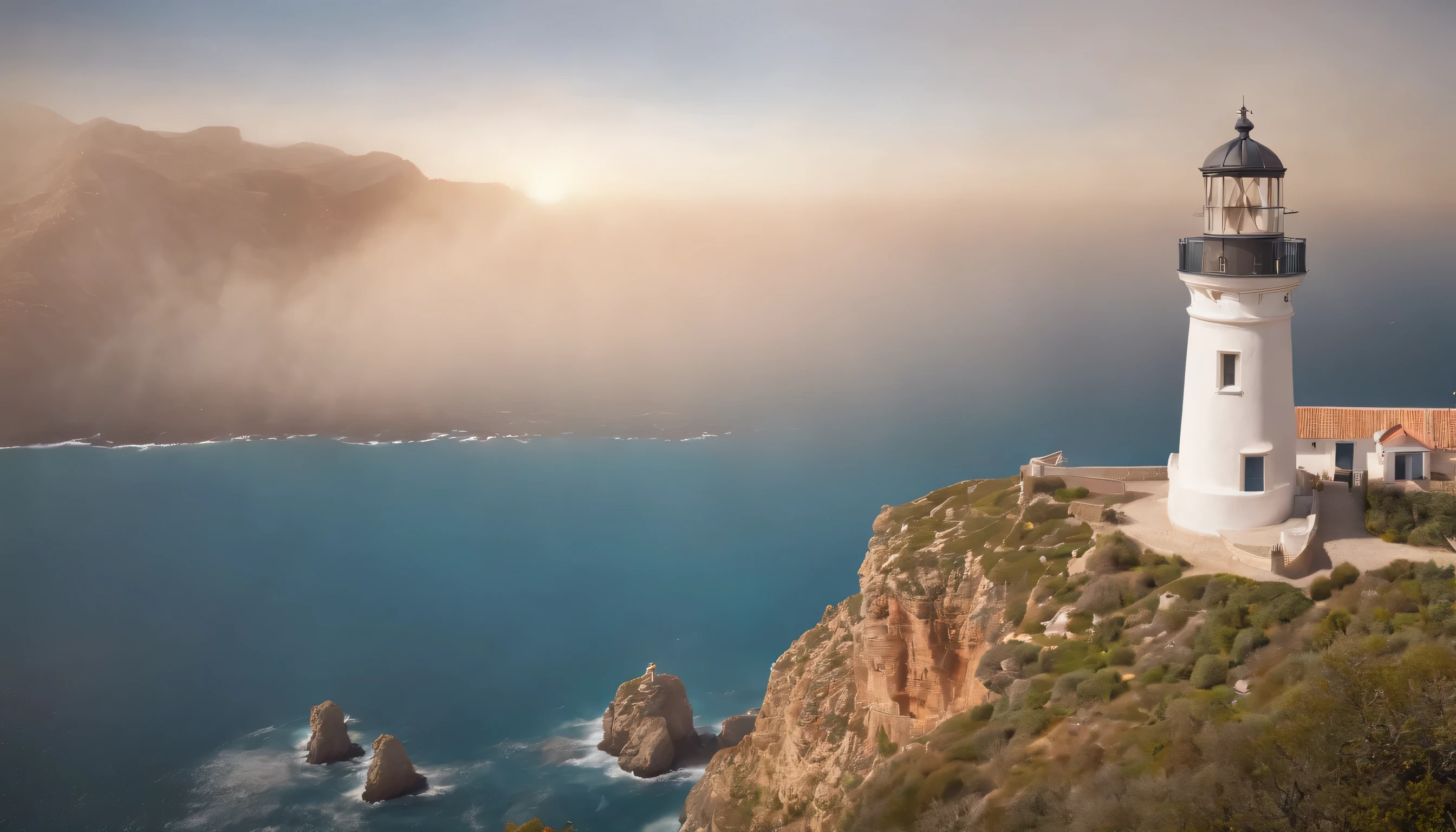 (Highly detailed CG Unity 8k wallpaper、masterpiece、highest quality、Super detailed)、(best lighting、best shadow、very delicate and beautiful)、highest quality、8k、Detailed facial depiction、masterpiece、highest quality、clear image quality、
Es Trencas lighthouse and coastal landscape in the Balearic Islands。