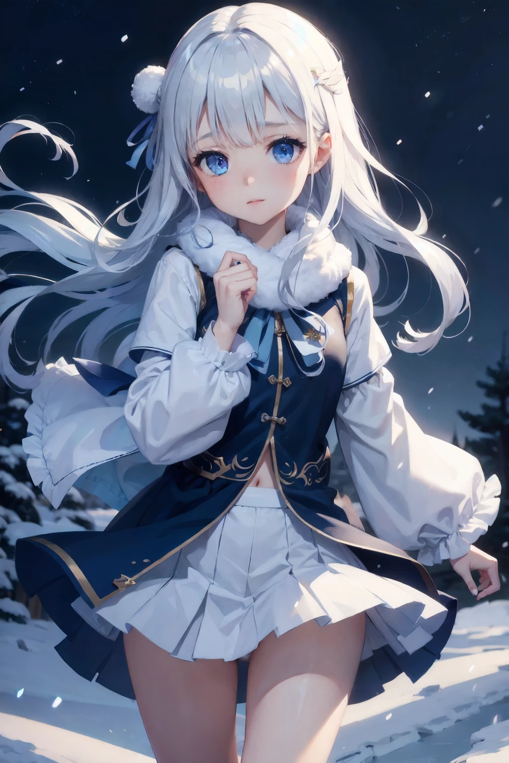 highest quality、cinematic lighting、Snow Spirit、girl、mini skirt、white panties、night sky、