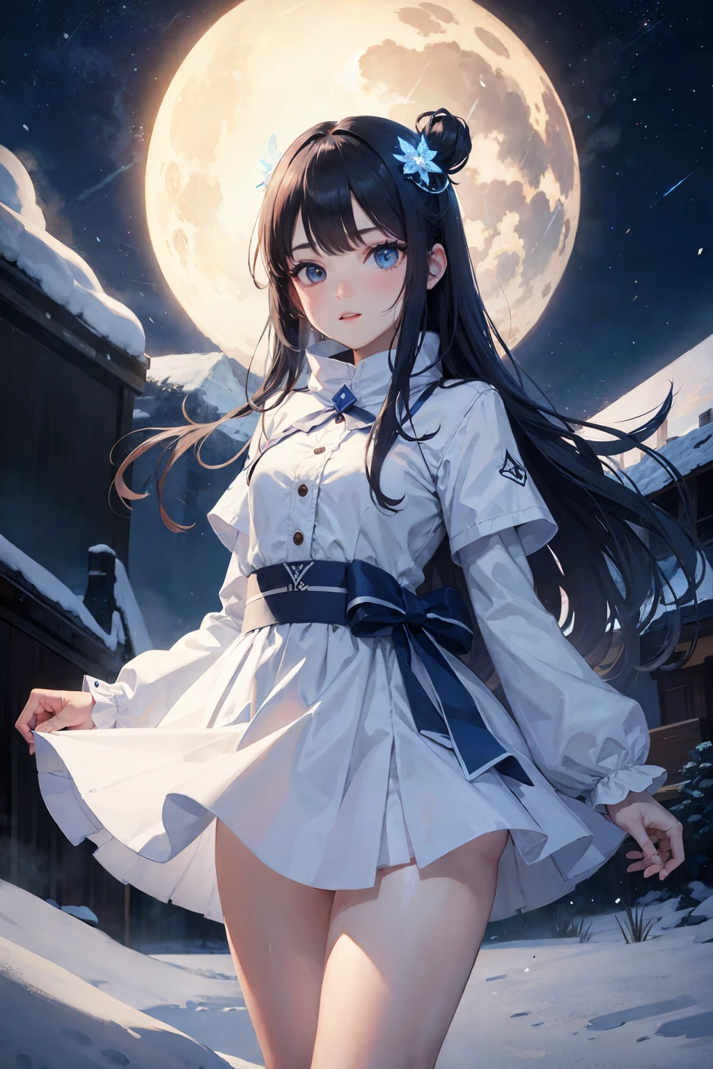 highest quality、cinematic lighting、Snow Spirit、girl、mini skirt、white panties、night sky、