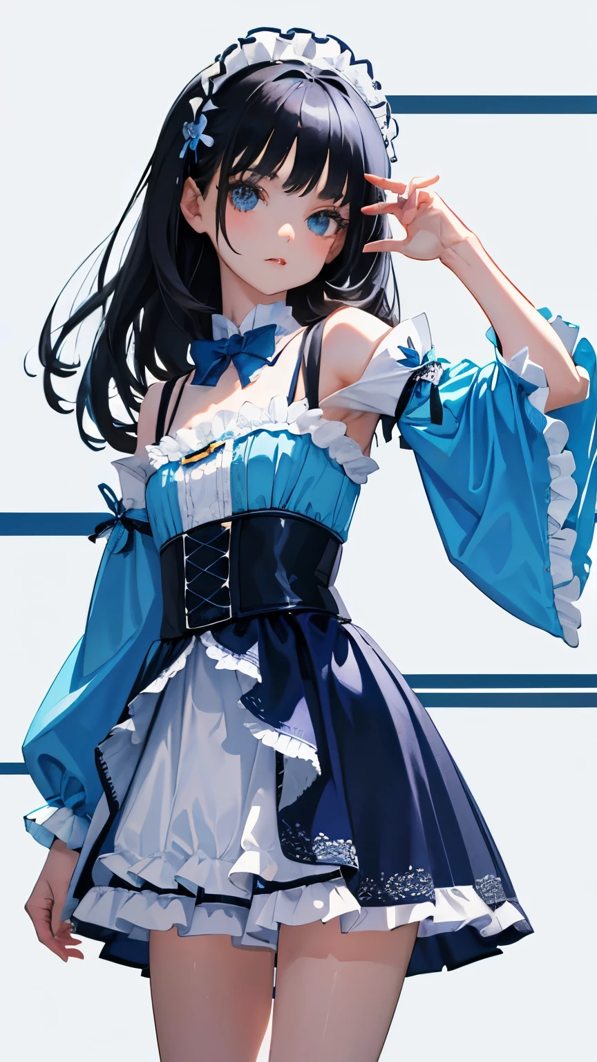 (short cute girl，small young student，young delicate girl）,（masterpiece，Top quality)，light blue lolita outfit，shorts，long black hair