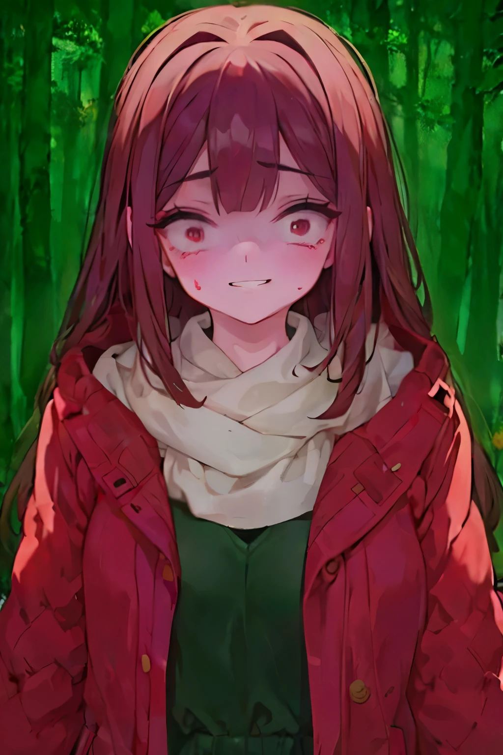 beautiful young lady wearing a red overcoat, scarves, gloves. in a middle of a snowstorm night time forest. dark place, no visible light. yandere face Blood smile obsessed