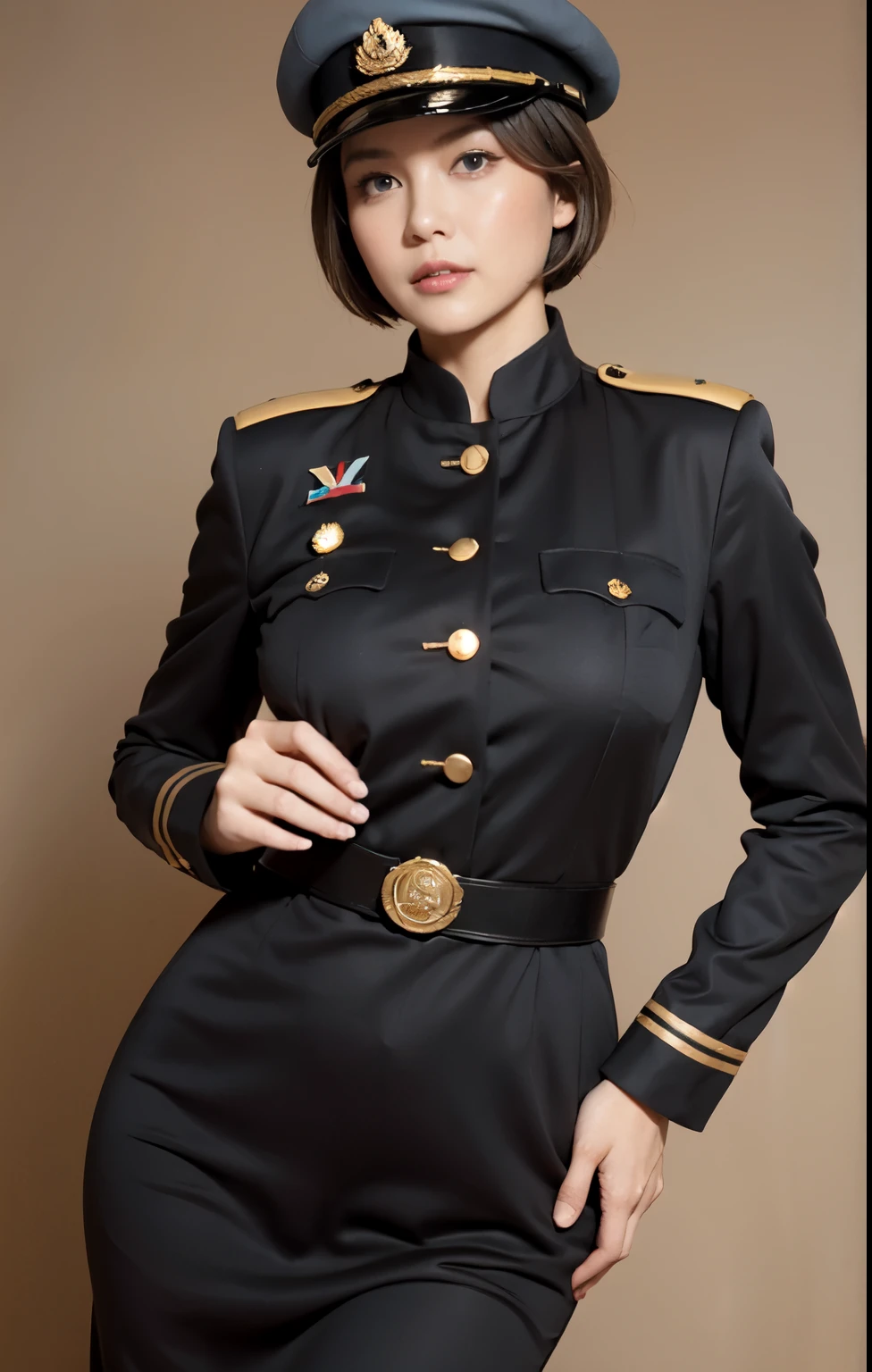 best image quality, excellent details, ultra high resolution, (realism: 1.4), ((close:0.55)), Favor details, condensed 1lady, 40 years old, With a beautiful and delicate face, perfect proportions, ((salute, standing up straight, Chubby:0.4)), ((short hair, up style)), (salute, standing up straight, Chubby:0.2), (German military uniform)、(golden button)、armband、medal、Etiquette for wearing military caps, captain, simple gray wall for background,