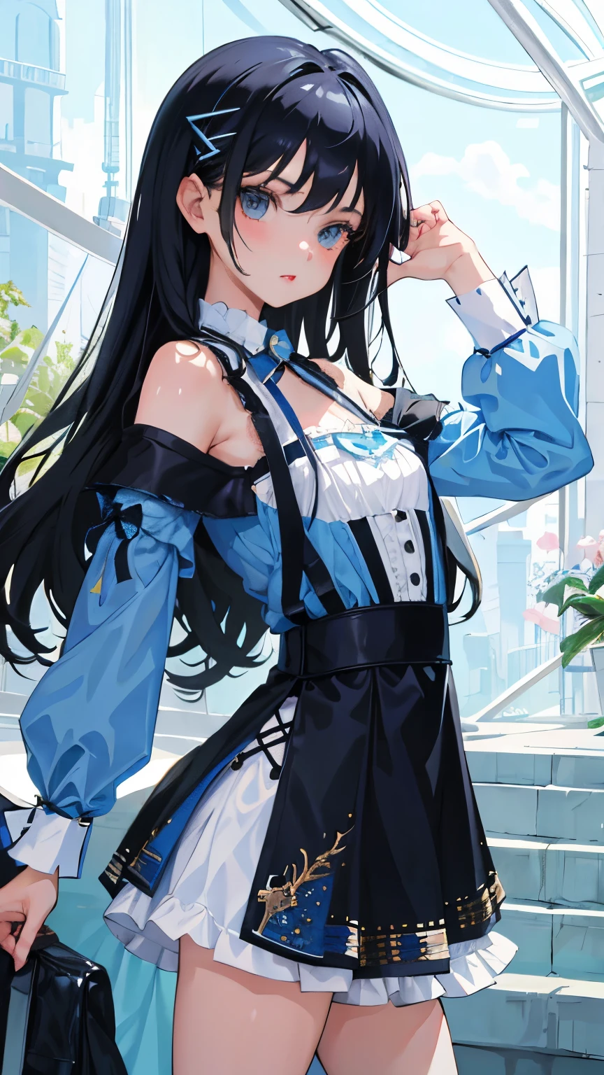 最high quality、Best image quality、masterpiece、With a girl((cute、20-year-old、Best Bust、Medium Bust、Bust 85,Beautiful Blue Eyes、Spread your chest wide,Long black hair、Slender、The best valley、、Blue Y-shirt、White short skirt,Show the whole body、Black perforated gloves,Blue Mesh))high quality、Beautiful art、background((School、School zone、Strong winds)),Tabletop、Exquisite design、Visual Arts、Depth of written boundary、Best lighting、Highest detail、8k