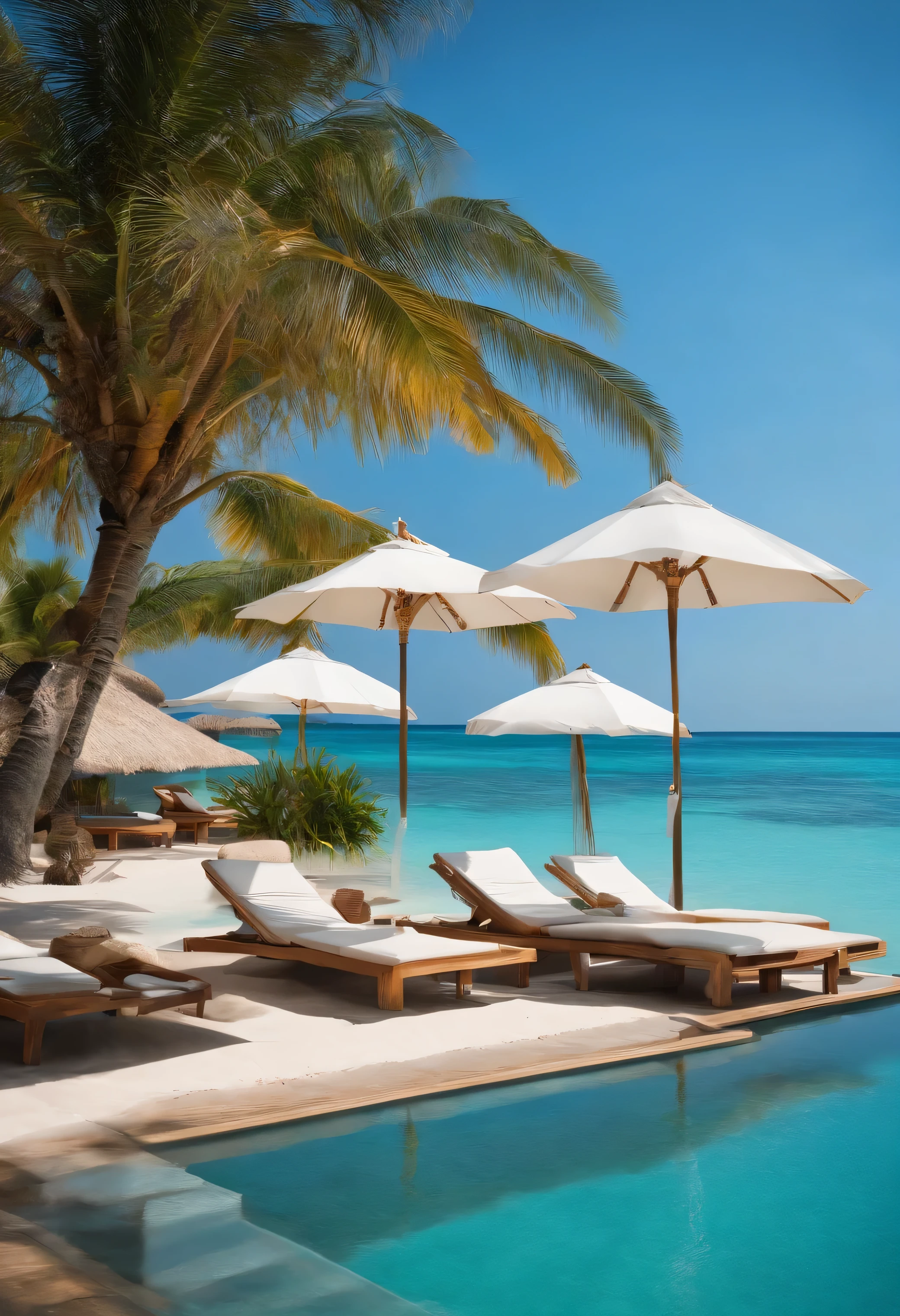 Resort, Beach, blue clear water, clear sky, bright sunlight, Good Weather
