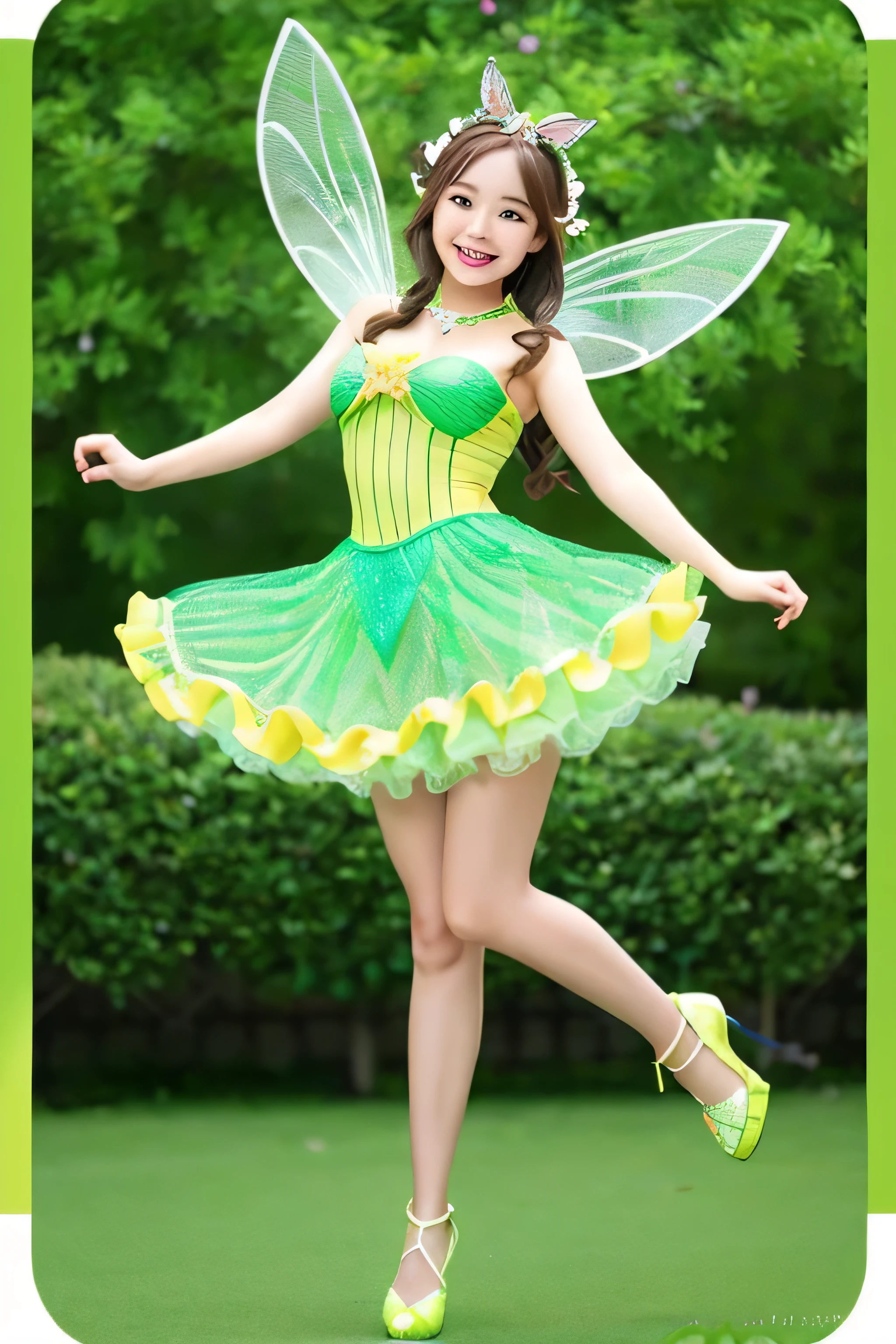 Cute fairy of a beautiful girl wearing a count's head'The flesh is green、A melon with a fine mesh pattern on the skin.、Full body pose wearing an earl's dress'A melon design that jumps with a cheerful smile。The beautiful girl fairy that is generated is、、Describe the whole body so that it does not protrude from the screen。