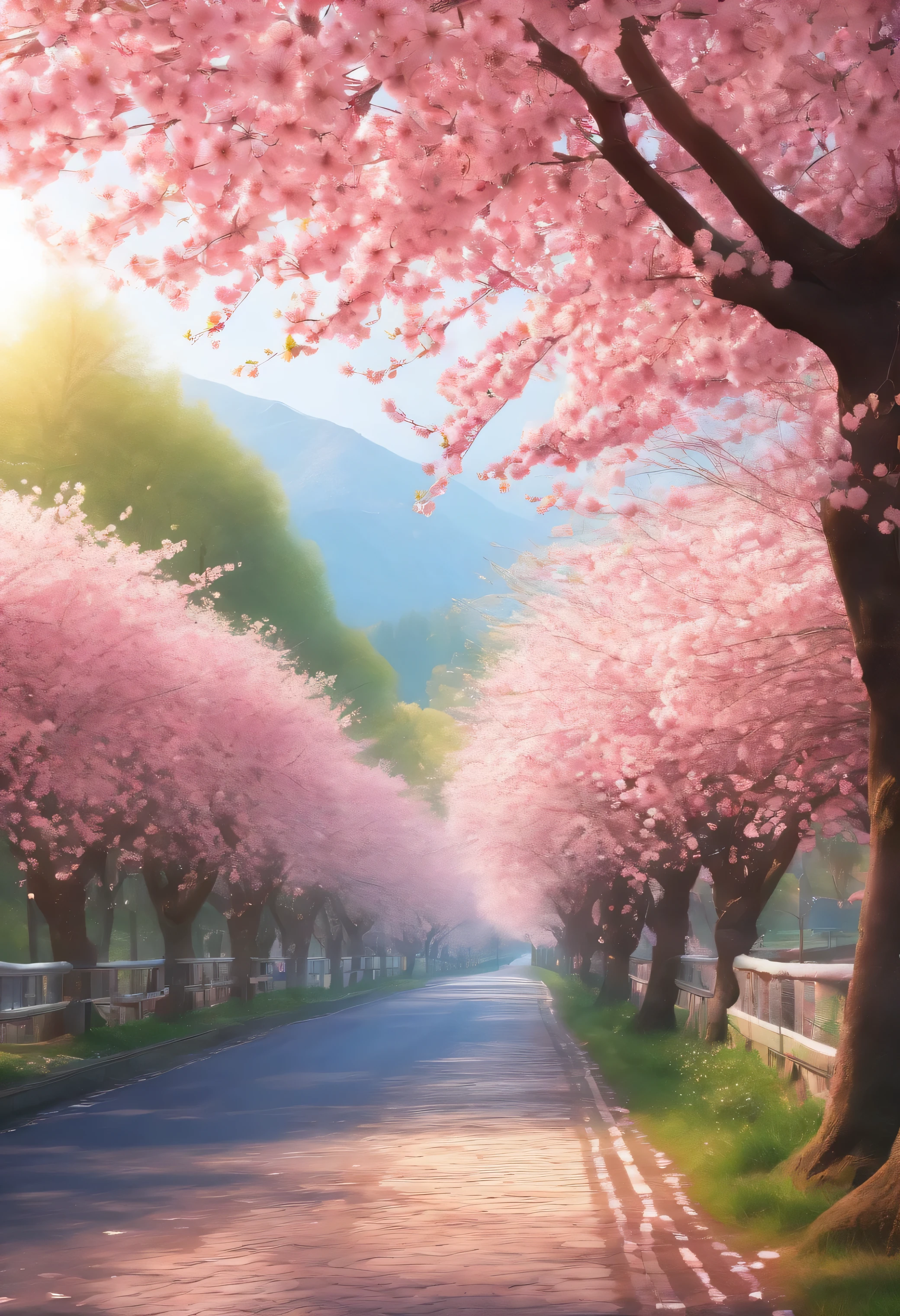 White and pink cherry blossoms are in full bloom., flying pink petals, abundant cherry blossom trees, clear sky, bright sunlight, Good Weather, spring