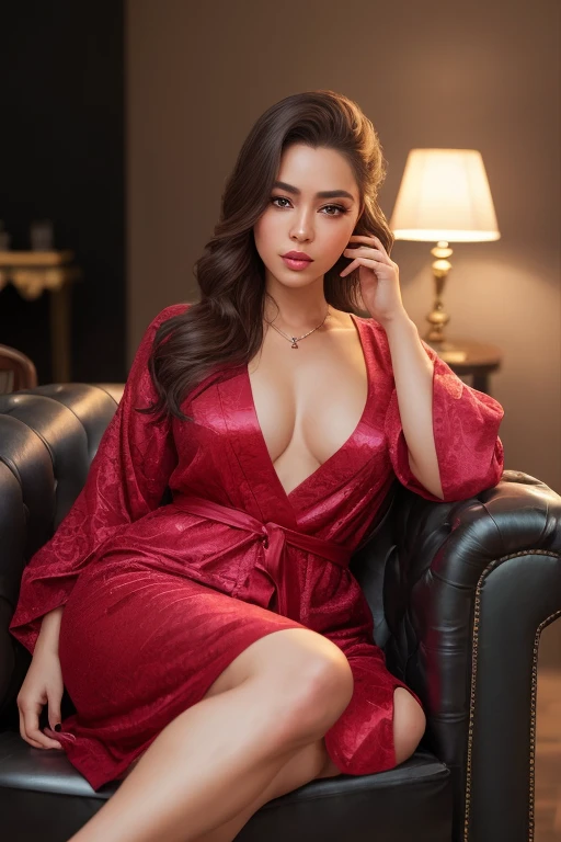 Photo of a businesswoman with big hips, of random ethnicity, ((Detailed face:1.2)), ((detailed facial features)), finely detailed skin, (rich, warm complexion), wrapping a luxurious robe around her body, Living room environment, Seated on an plush armchair, Random angle, Reflectors casting an intriguing light, (@Canon EOS R6), 50mm Lens, F/1.8, nffsw, (4K Ultra HD), Vibrant colors, Realistic texture, Dramatic lighting, Trending on ArtStation, Make-up perfectly accentuating her features, High-quality, Sultry and Confident