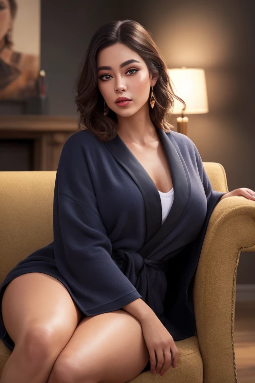 Photo of a businesswoman with big hips, of random ethnicity, ((Detailed face:1.2)), ((detailed facial features)), finely detailed skin, (rich, warm complexion), wrapping a luxurious robe around her body, Living room environment, Seated on an plush armchair, Random angle, Reflectors casting an intriguing light, (@Canon EOS R6), 50mm Lens, F/1.8, nffsw, (4K Ultra HD), Vibrant colors, Realistic texture, Dramatic lighting, Trending on ArtStation, Make-up perfectly accentuating her features, High-quality, Sultry and Confident