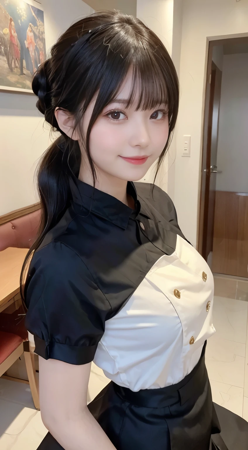 (highest quality,masterpiece:1.3,ultra high resolution,),(Super detailed,caustics),(Photoreal:1.4,RAW shooting,)ultra-realistic capture,very detailed,High resolution 16K human skin close-up。 natural skin texture、,The pores are、、、、Must be detailed enough to be easily identified。 Skin should look even-toned and healthy。 Use natural light and color,restaurant,waitress uniform,1 girl,Japanese,18-year-old,cute,black haired,ponytail,big breasts,smile,turn your body forward,(Front view:1.1),look at the camera,cowboy shot,